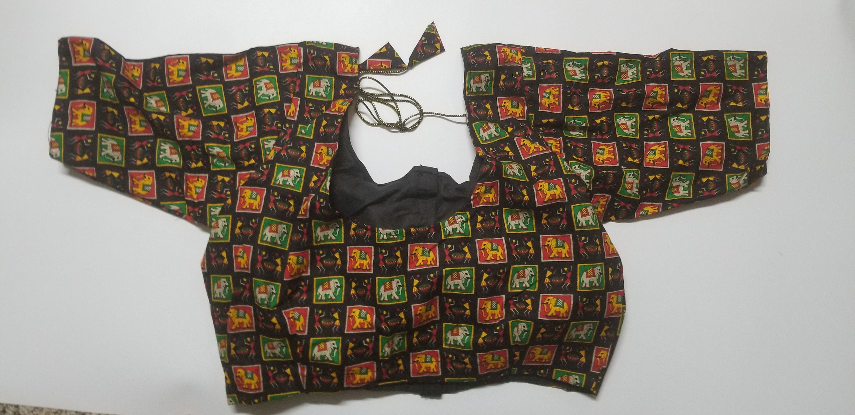 Readymade Saree Blouse - Black with multi-color Elephant print Blouse - Plus size - Princess cut padded - size 42" (alter 38" to 46")