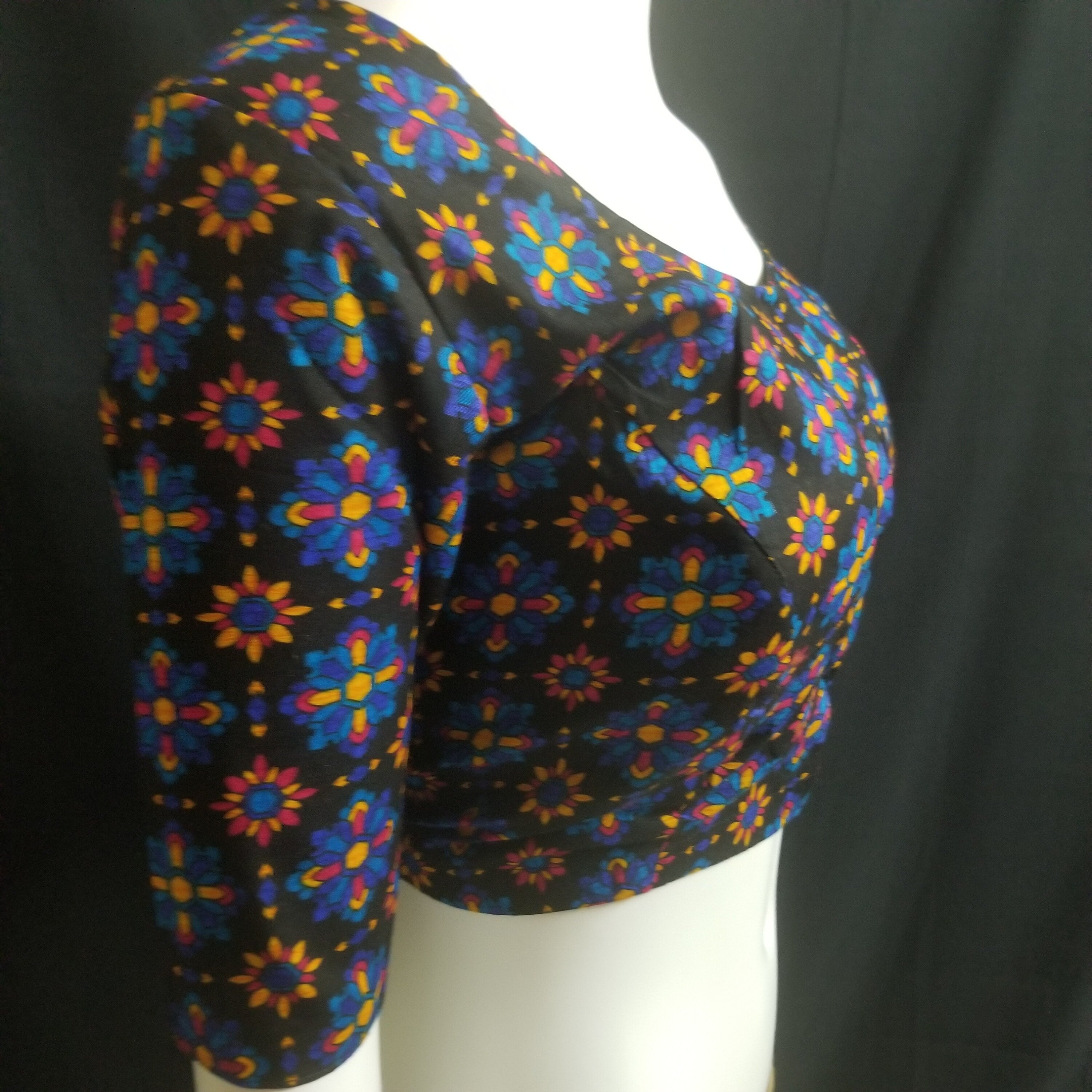 Readymade Saree Blouse - Black with Multi-color Flower Blouse - Plus size - Princess cut padded - size 42" (alter 38" to 46")