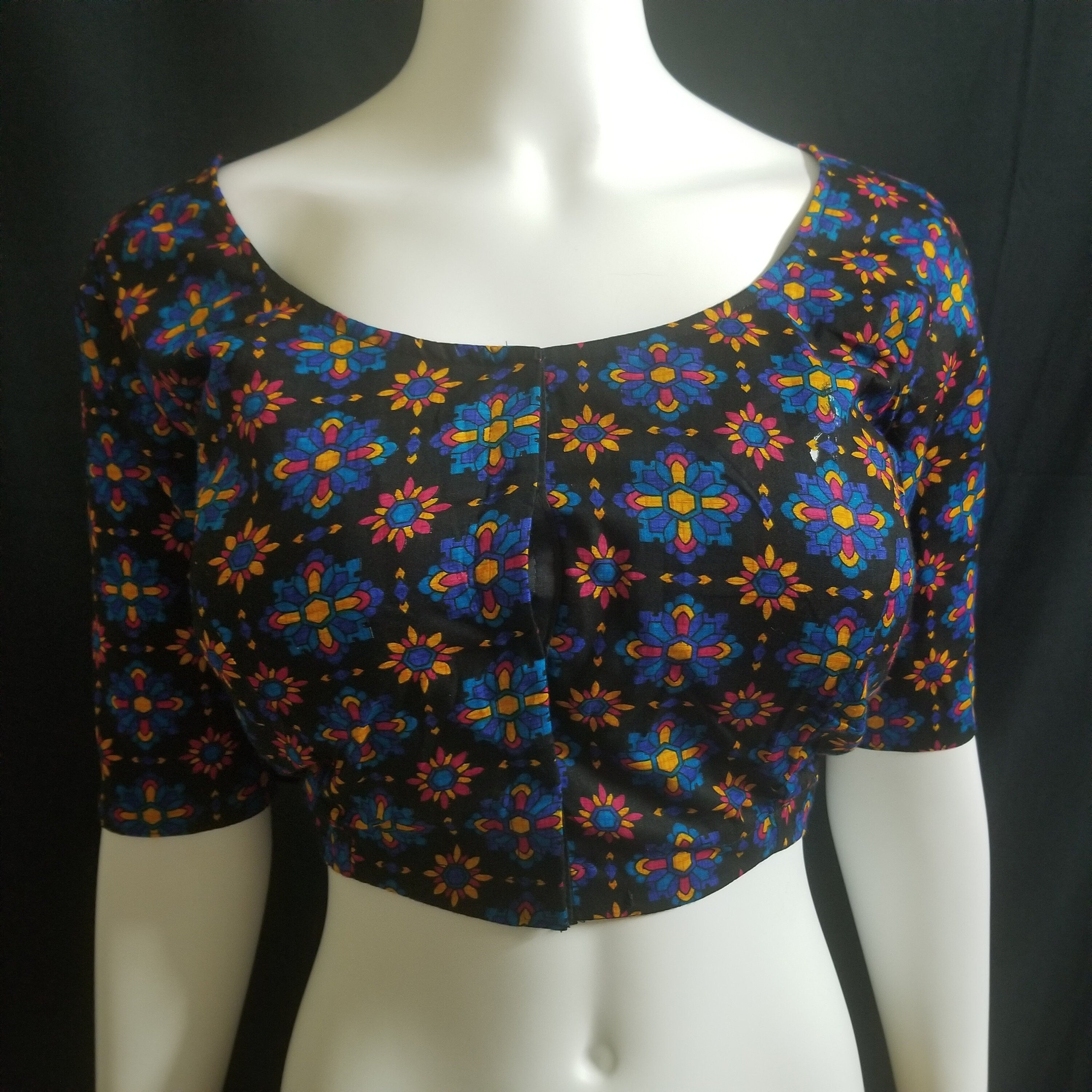 Readymade Saree Blouse - Black with Multi-color Flower Blouse - Plus size - Princess cut padded - size 42" (alter 38" to 46")