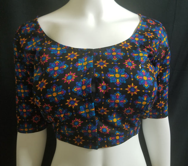 Readymade Saree Blouse - Black with Multi-color Flower Blouse - Plus size - Princess cut padded - size 42