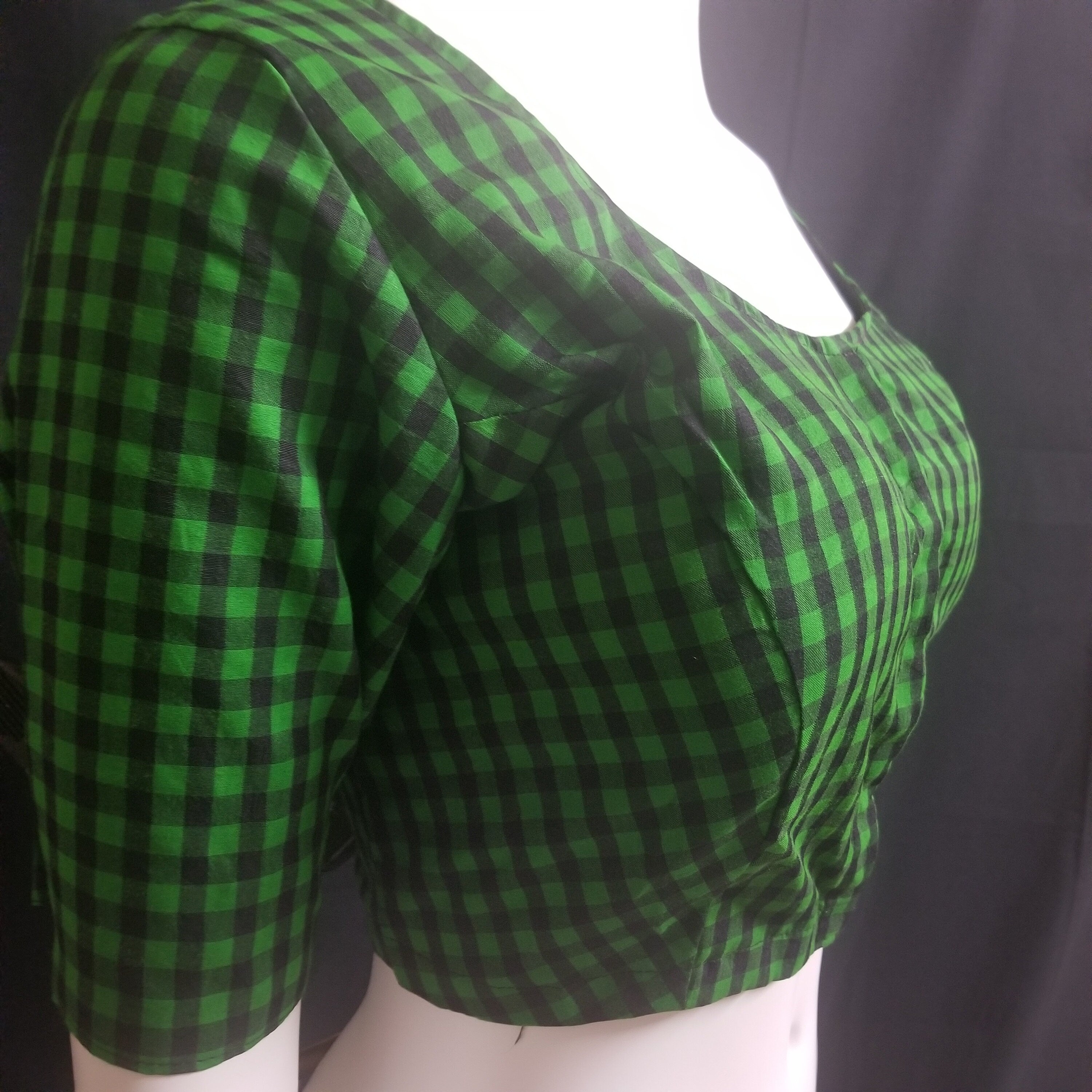 Readymade Saree Blouse - Green with Black checked Blouse - Plus size - Princess cut padded - size 42" (alter 38" to 46")