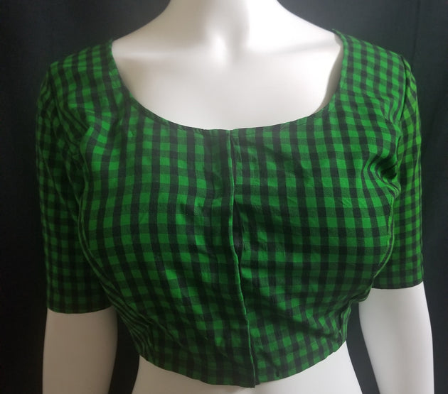 Readymade Saree Blouse - Green with Black checked Blouse - Plus size - Princess cut padded - size 42