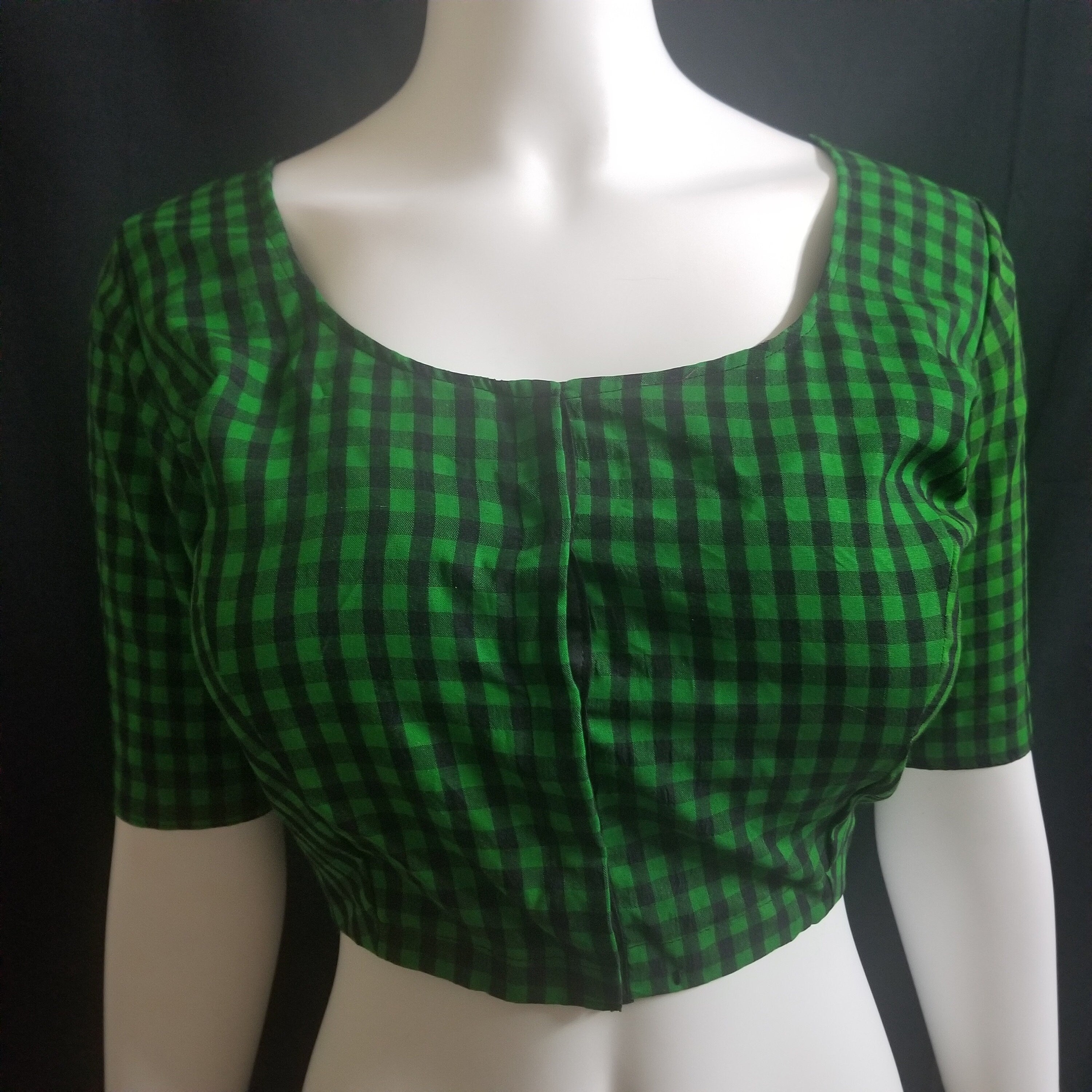 Readymade Saree Blouse - Green with Black checked Blouse - Plus size - Princess cut padded - size 42" (alter 38" to 46")