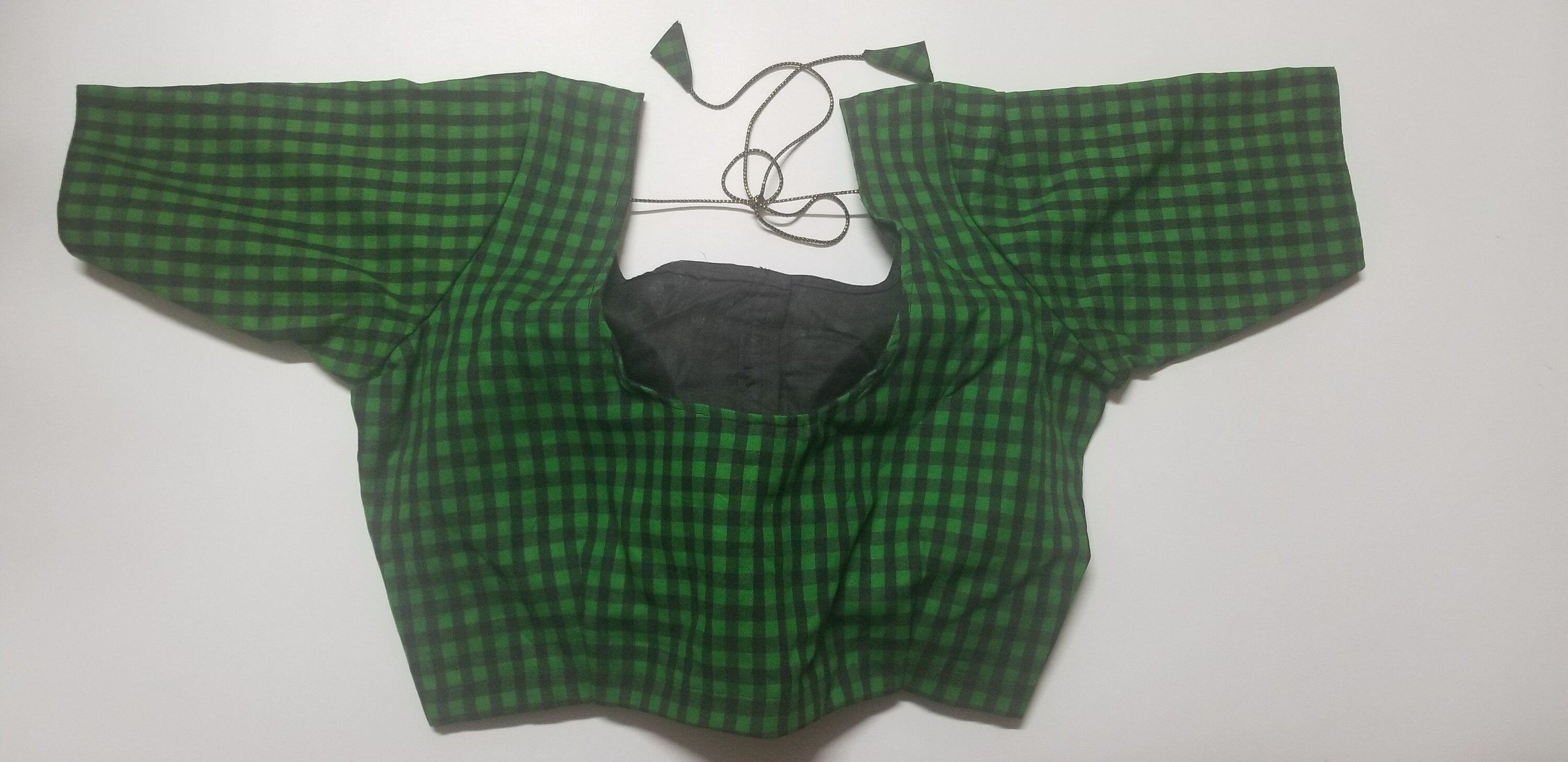 Readymade Saree Blouse - Green with Black checked Blouse - Plus size - Princess cut padded - size 42" (alter 38" to 46")