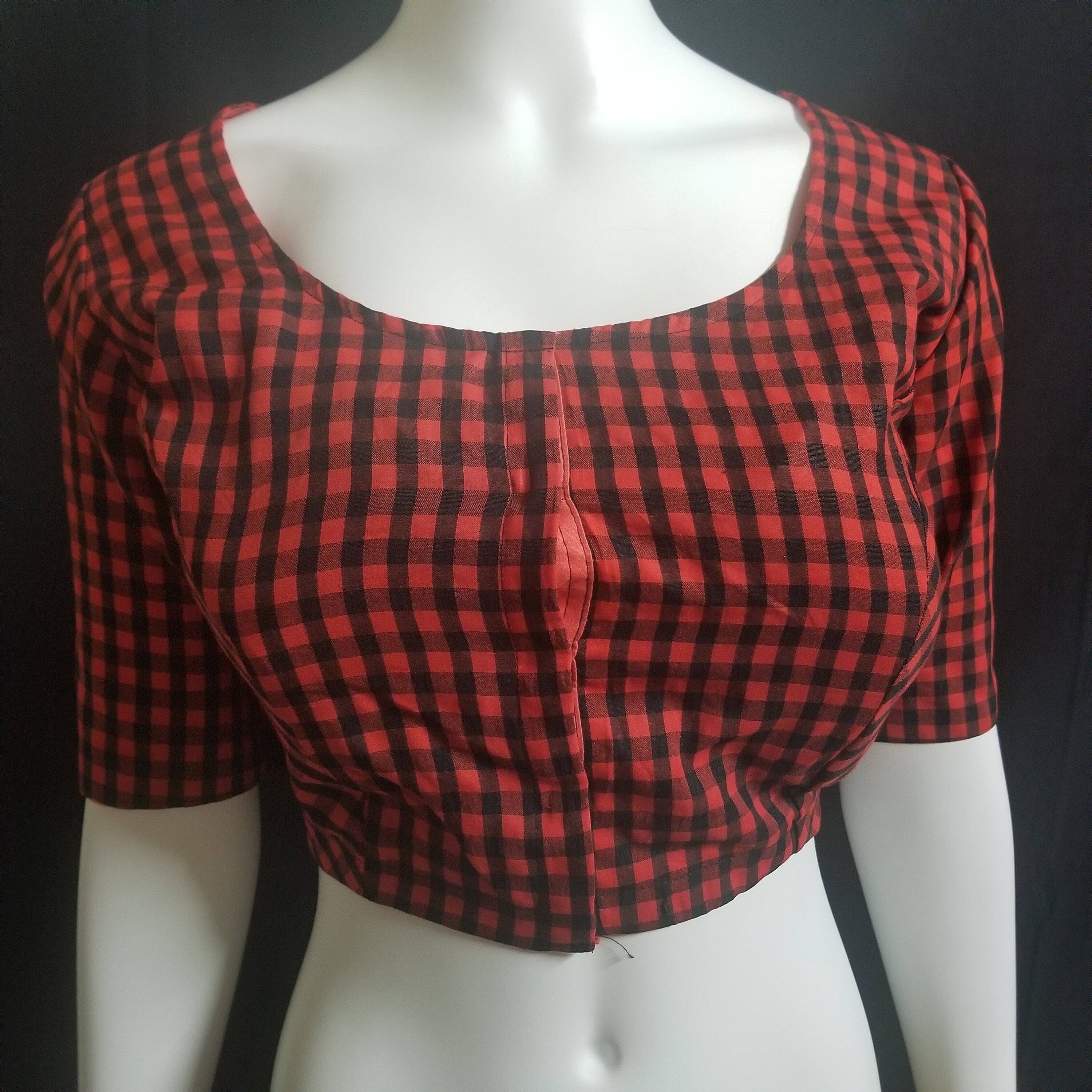 Readymade Saree Blouse - Red with Black checked Blouse - Plus size - Princess cut padded - size 42" (alter 38" to 46")
