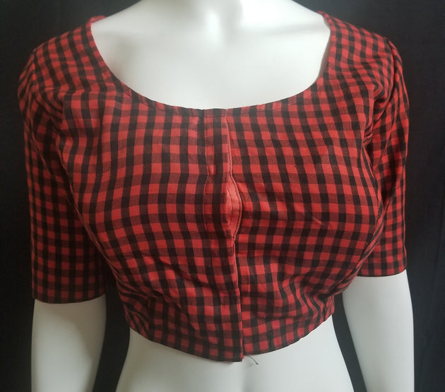 Readymade Saree Blouse - Red with Black checked Blouse - Plus size - Princess cut padded - size 42