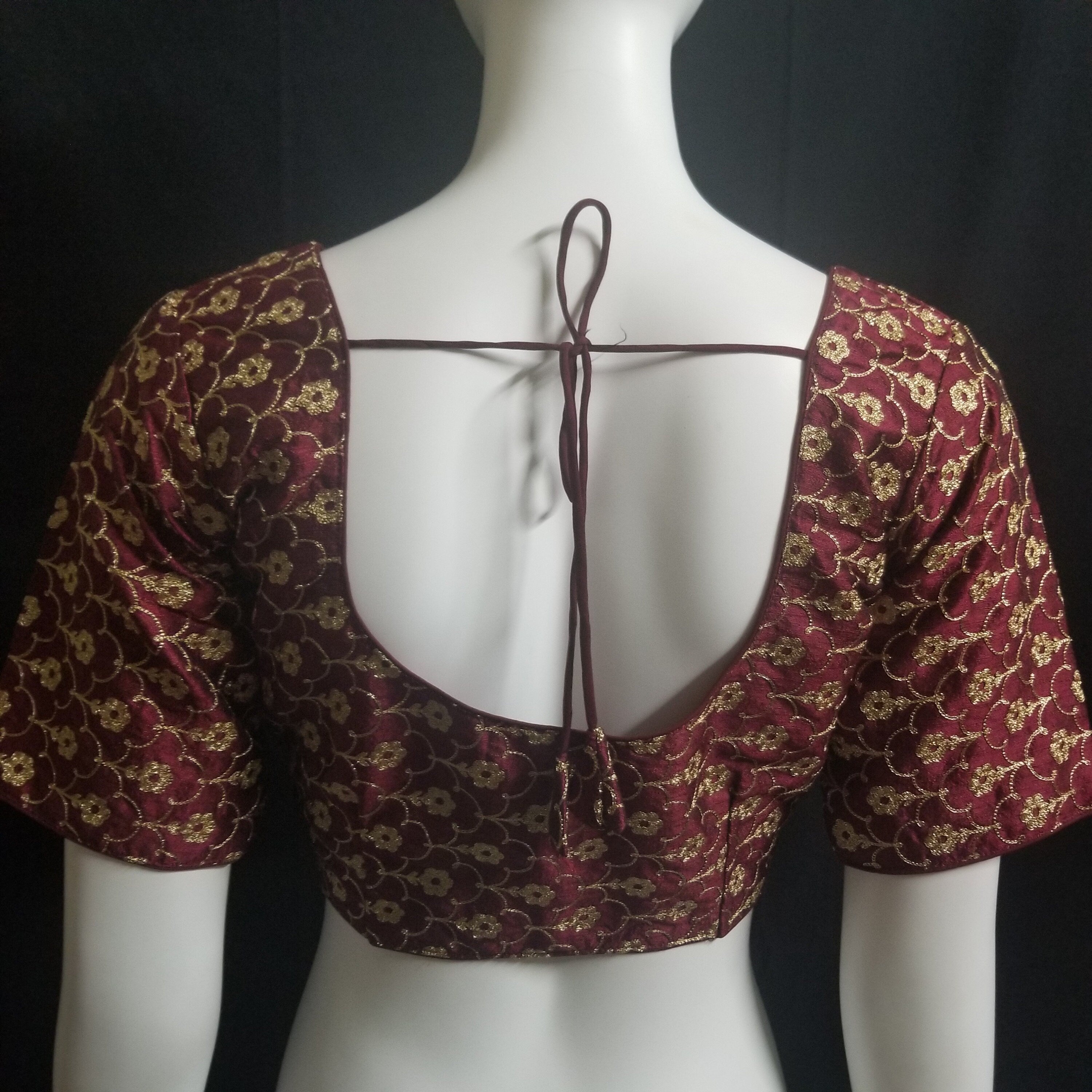 Readymade Saree Blouse - Maroon with golden flower embroidery Blouse - Princess cut padded - size 38" (can alter 34" - 42")