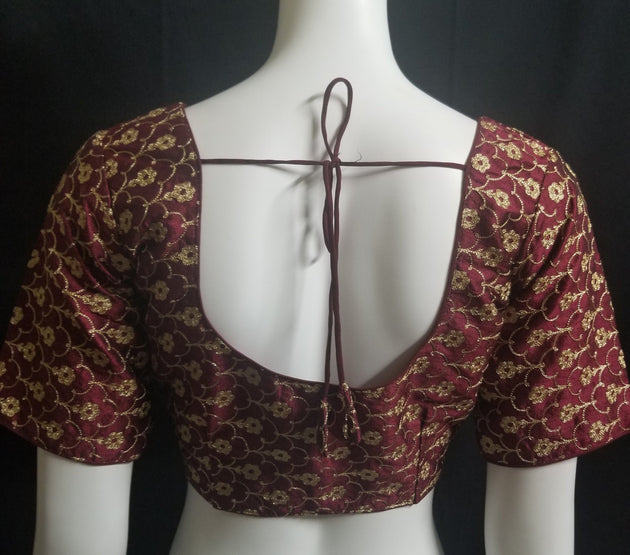 Readymade Saree Blouse - Maroon with golden flower embroidery Blouse - Princess cut padded - size 38