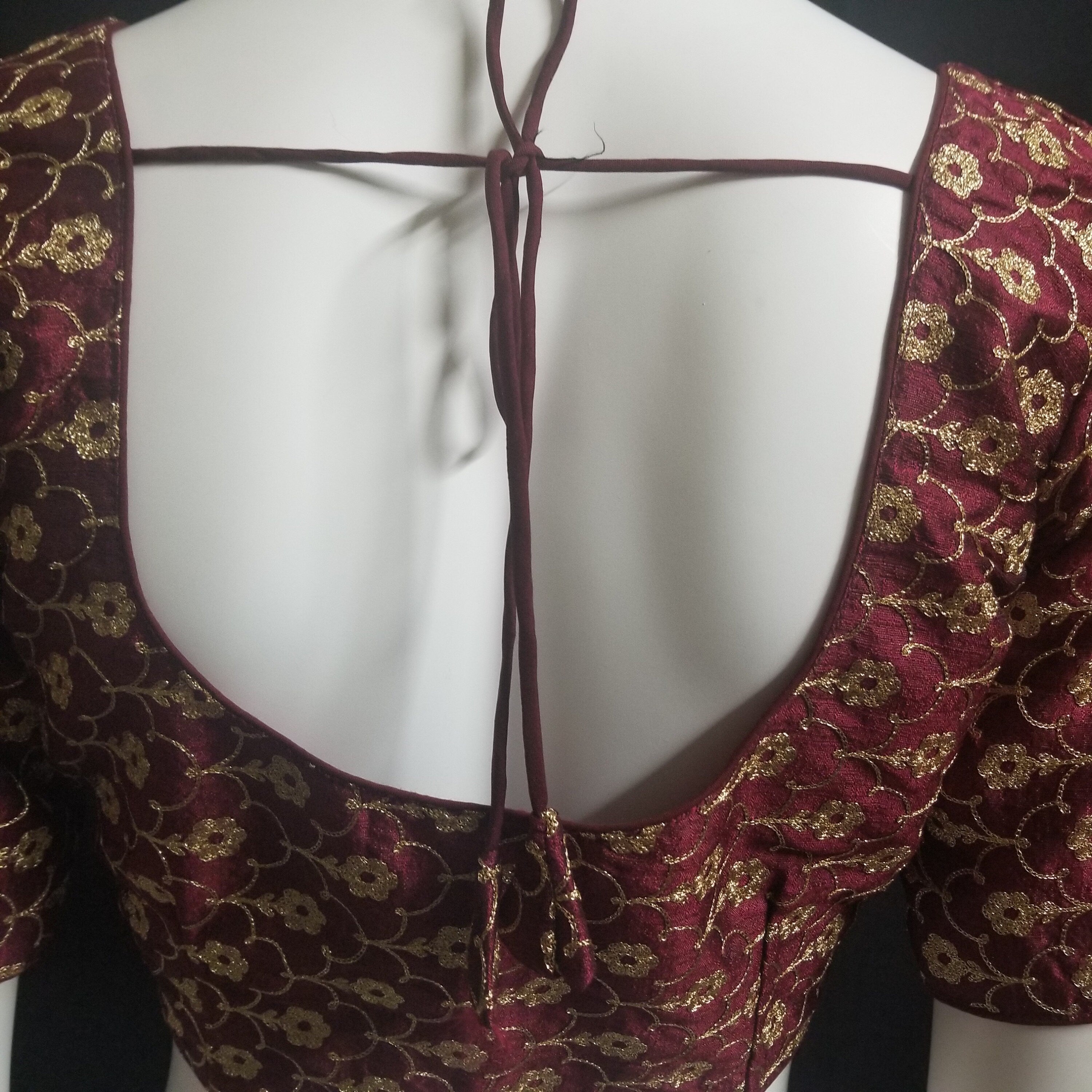 Readymade Saree Blouse - Maroon with golden flower embroidery Blouse - Princess cut padded - size 38" (can alter 34" - 42")