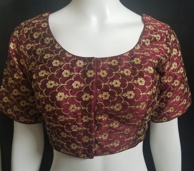 Readymade Saree Blouse - Maroon with golden flower embroidery Blouse - Princess cut padded - size 38