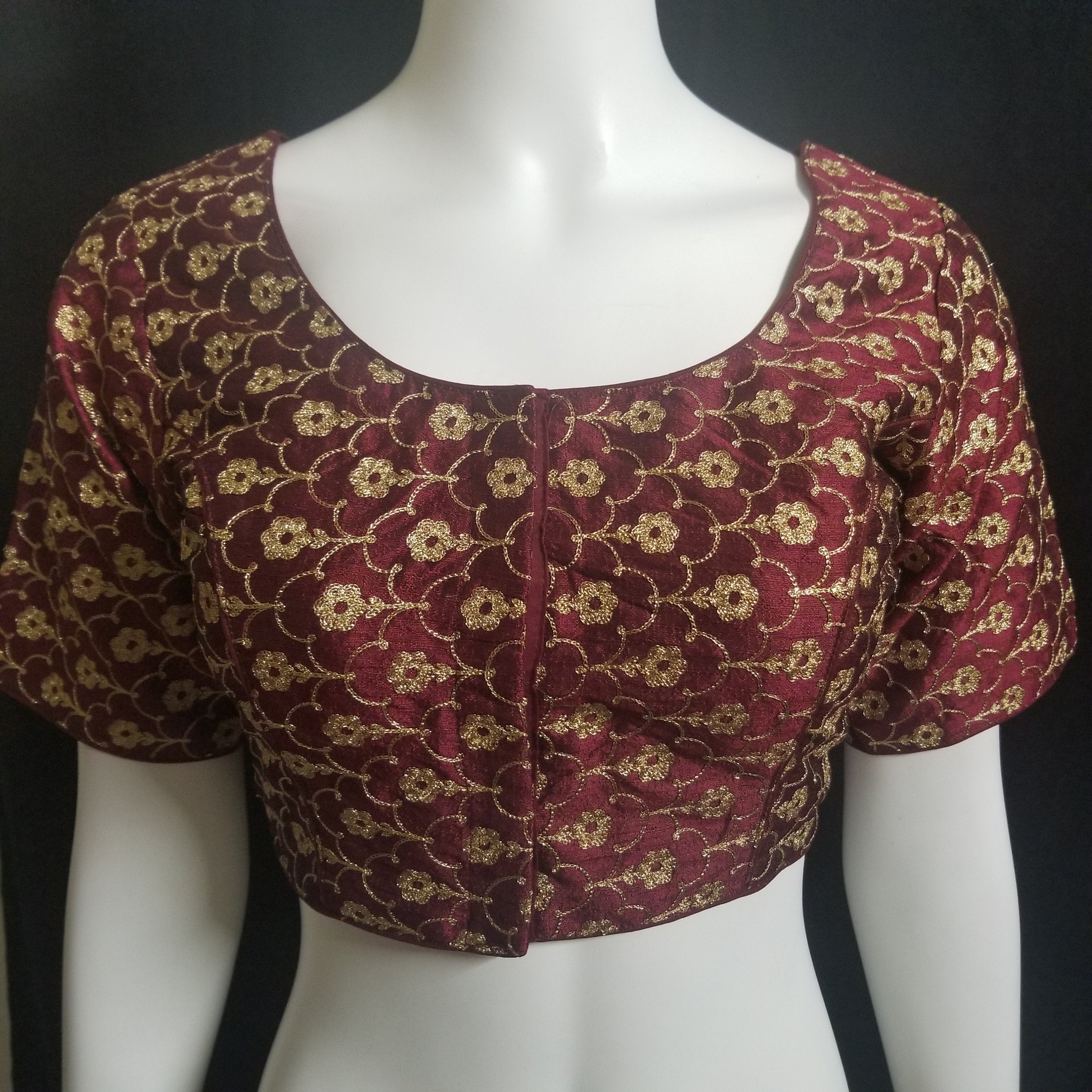 Readymade Saree Blouse - Maroon with golden flower embroidery Blouse - Princess cut padded - size 38" (can alter 34" - 42")