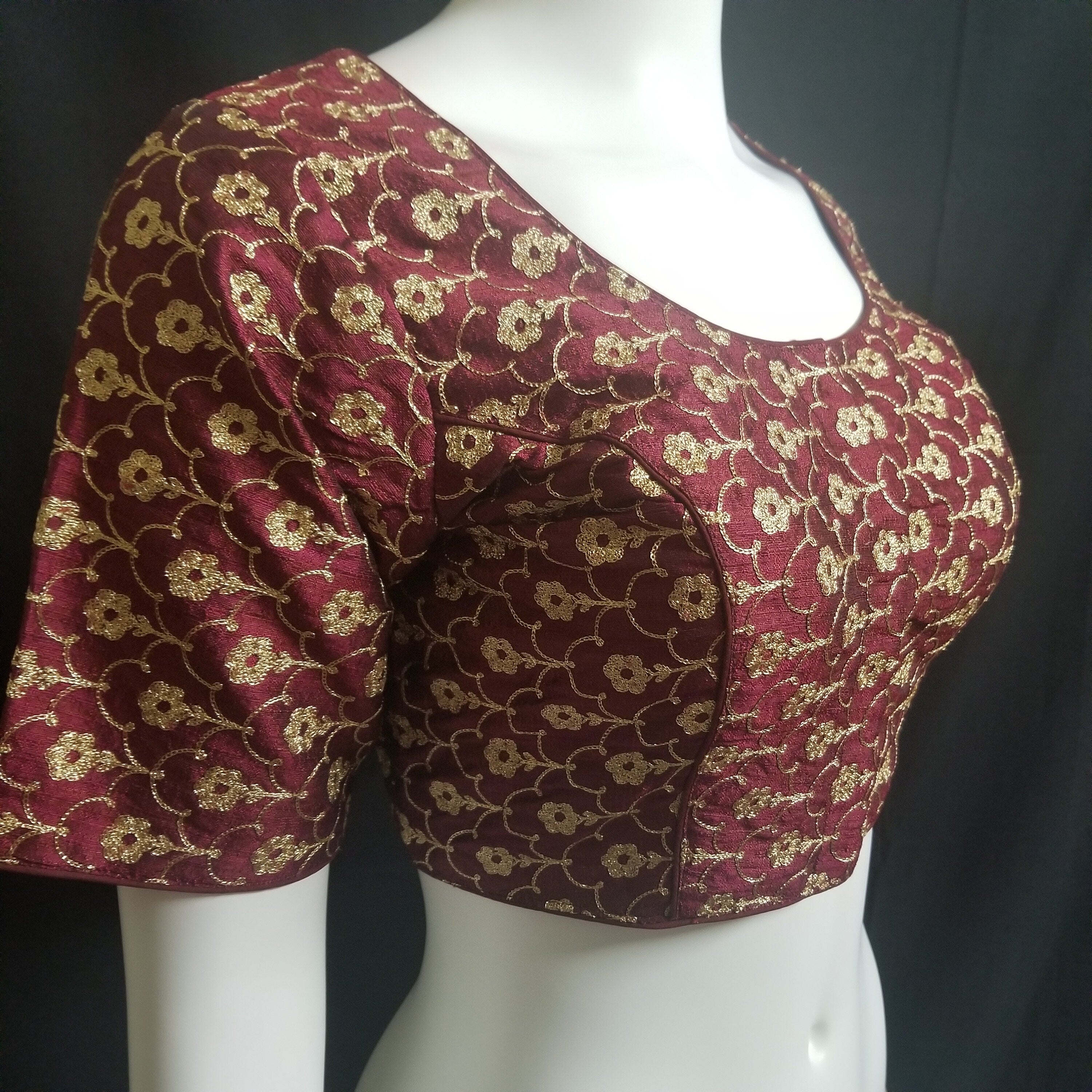 Readymade Saree Blouse - Maroon with golden flower embroidery Blouse - Princess cut padded - size 38" (can alter 34" - 42")