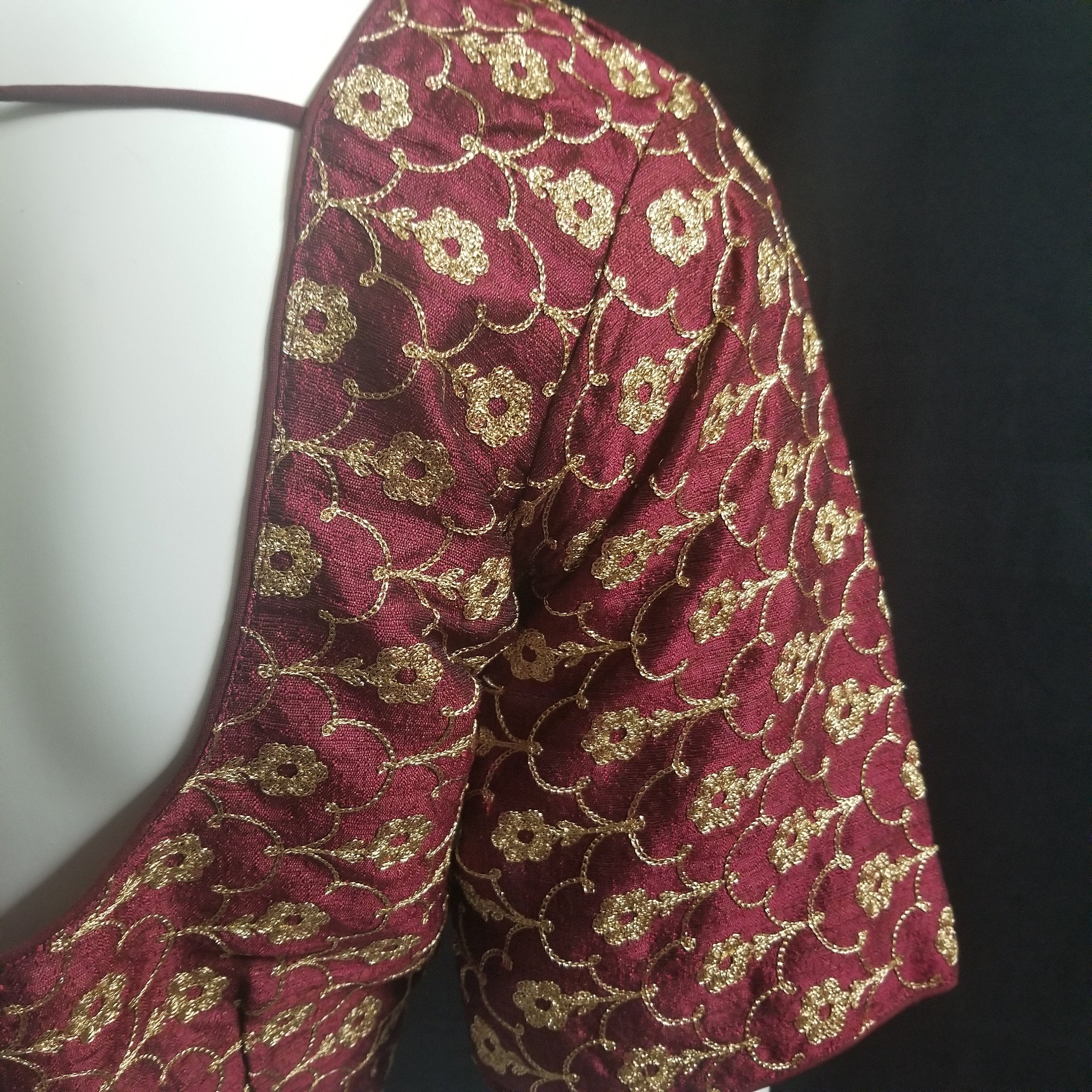 Readymade Saree Blouse - Maroon with golden flower embroidery Blouse - Princess cut padded - size 38" (can alter 34" - 42")