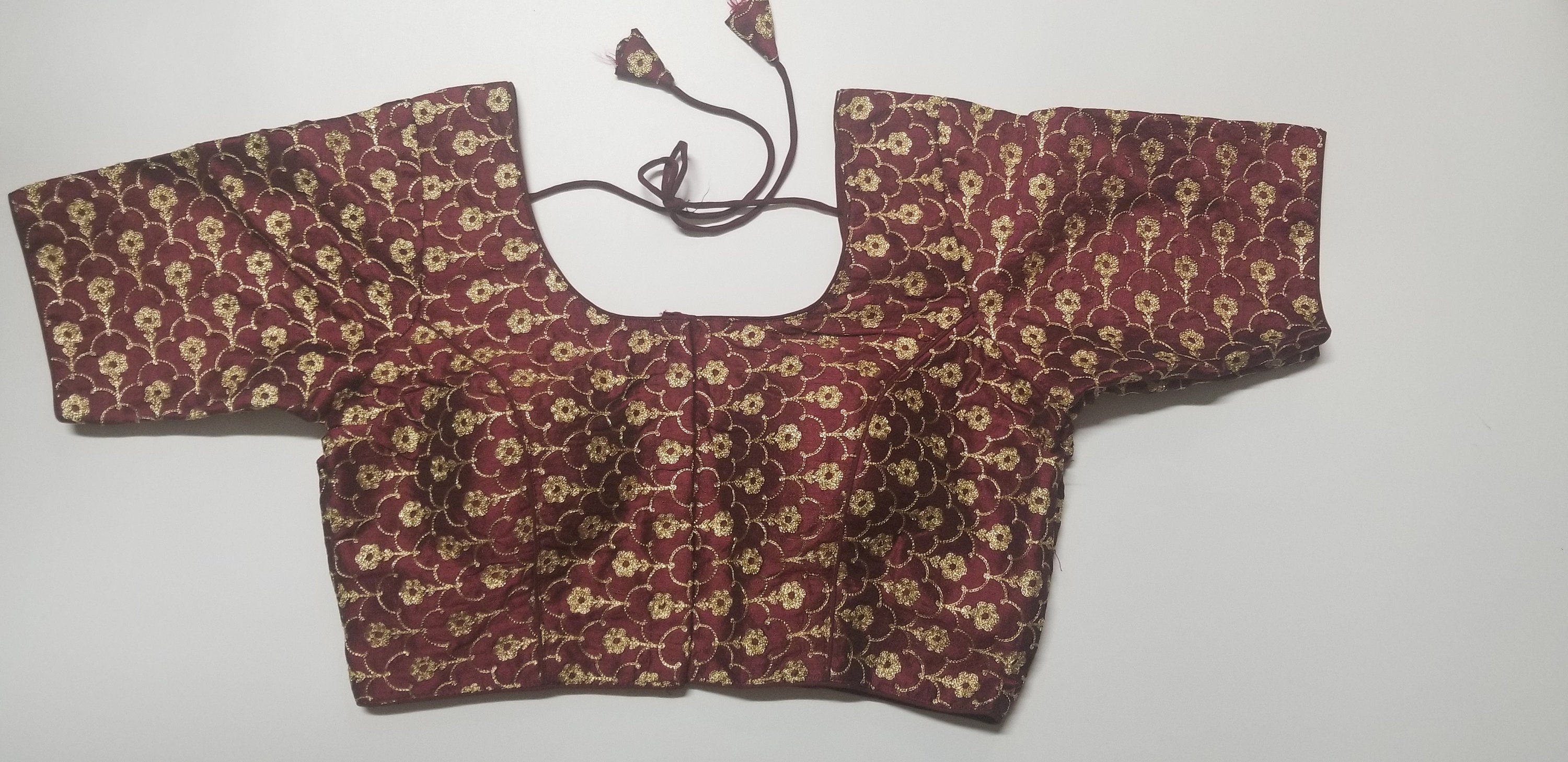 Readymade Saree Blouse - Maroon with golden flower embroidery Blouse - Princess cut padded - size 38" (can alter 34" - 42")