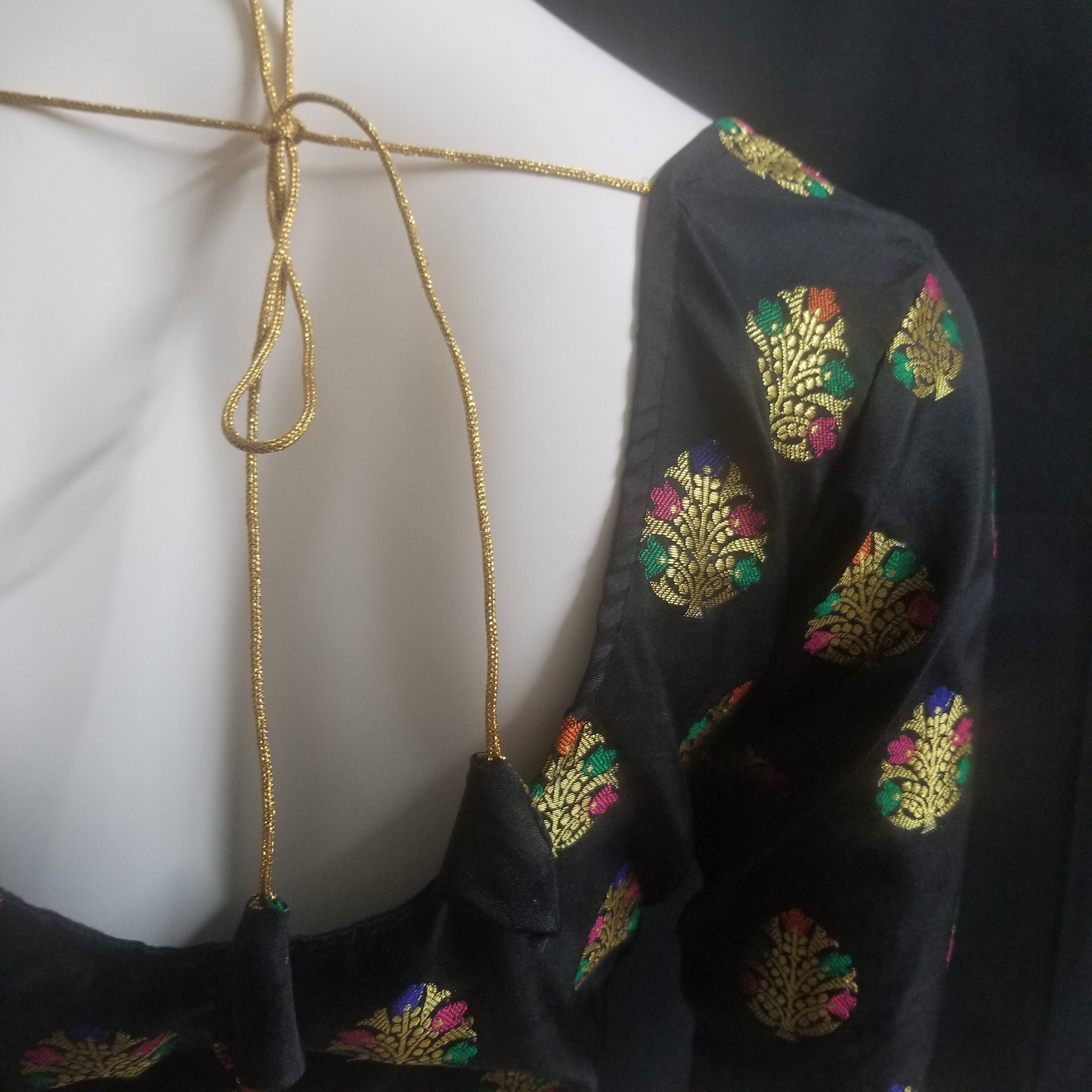 Readymade Saree Blouse - Black Silk gold and multi-color flower - Plus size - Princess cut padded - size 42" (alter 38" to 46")