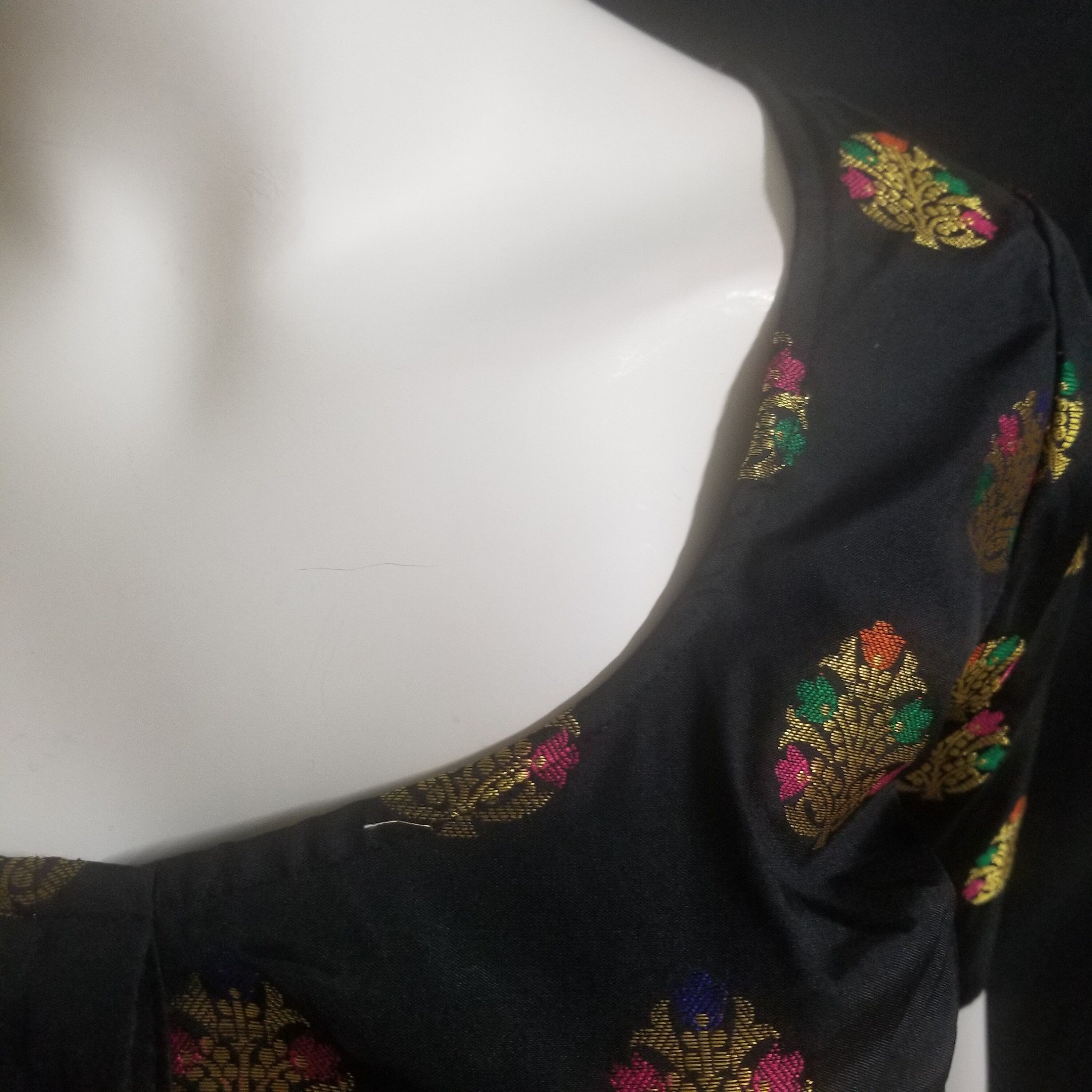 Readymade Saree Blouse - Black Silk gold and multi-color flower - Plus size - Princess cut padded - size 42" (alter 38" to 46")