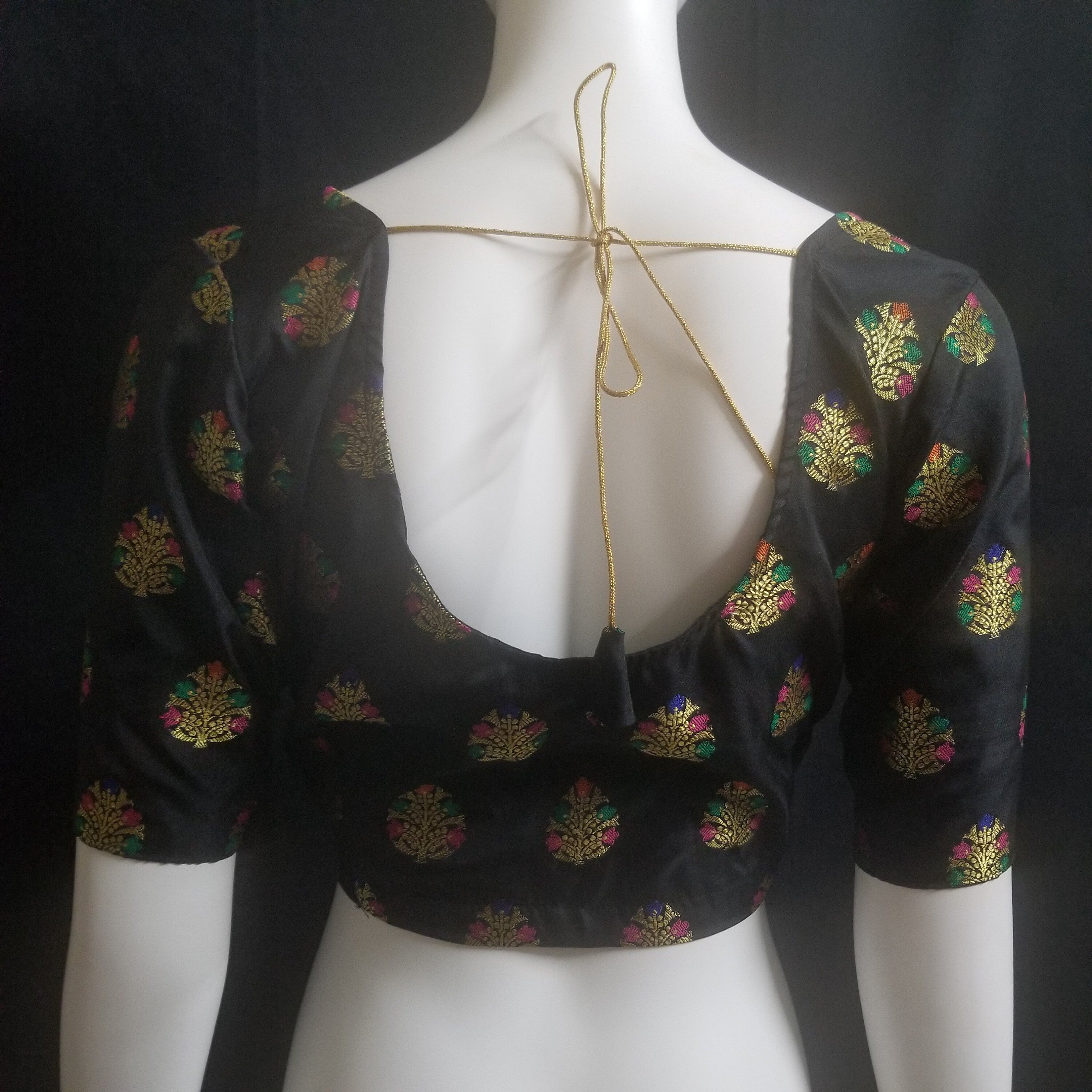 Readymade Saree Blouse - Black Silk gold and multi-color flower - Plus size - Princess cut padded - size 42" (alter 38" to 46")