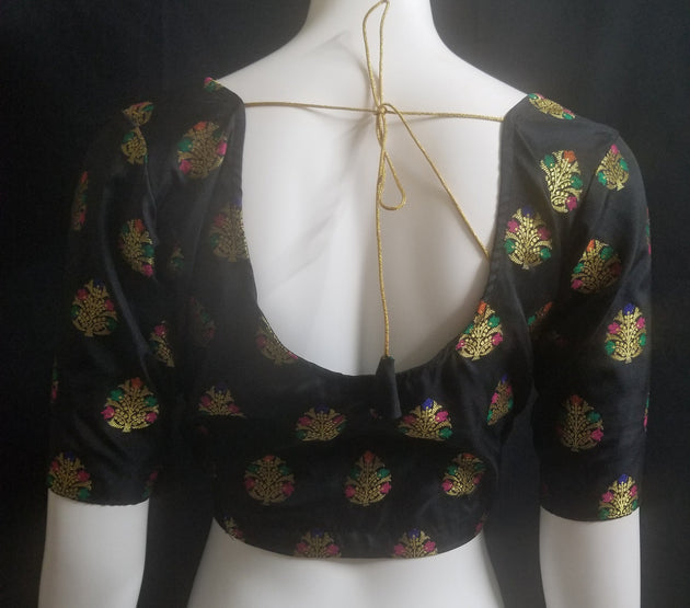Readymade Saree Blouse - Black Silk gold and multi-color flower - Plus size - Princess cut padded - size 42