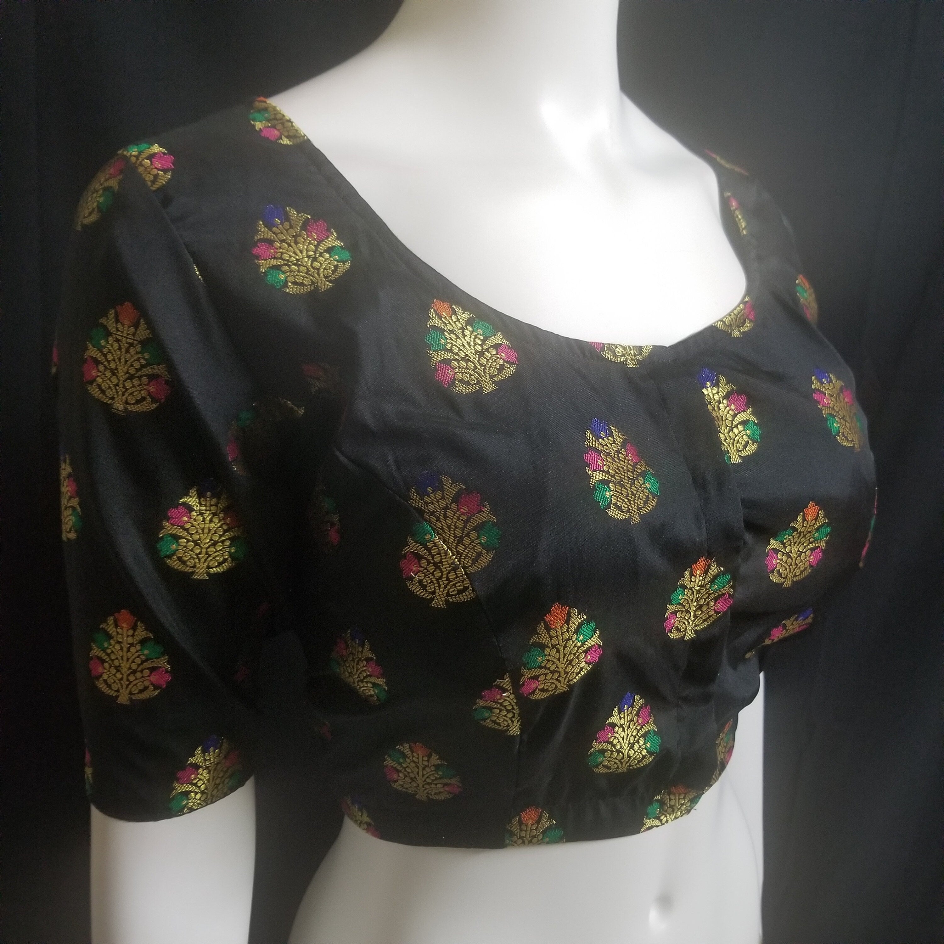 Readymade Saree Blouse - Black Silk gold and multi-color flower - Plus size - Princess cut padded - size 42" (alter 38" to 46")