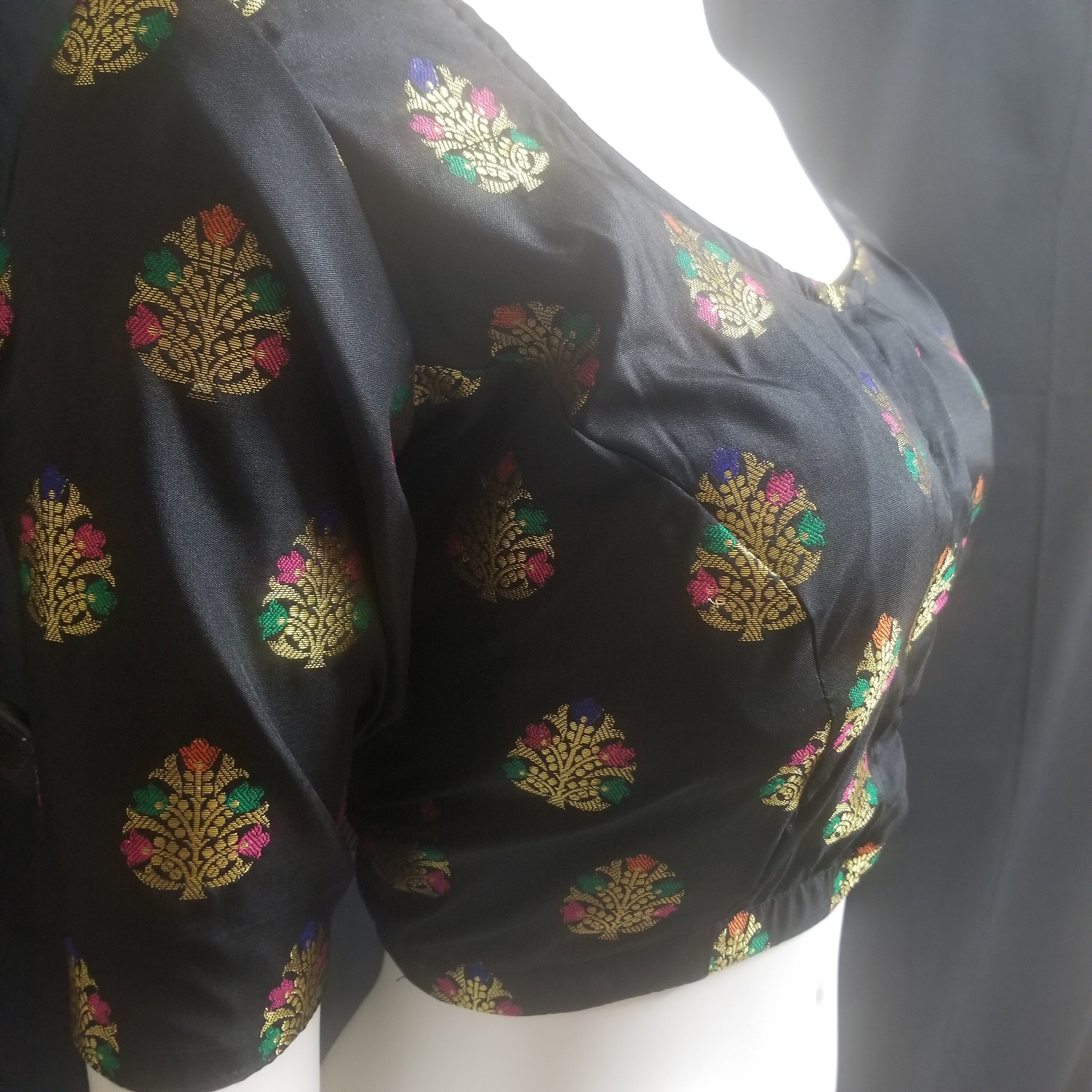 Readymade Saree Blouse - Black Silk gold and multi-color flower - Plus size - Princess cut padded - size 42" (alter 38" to 46")