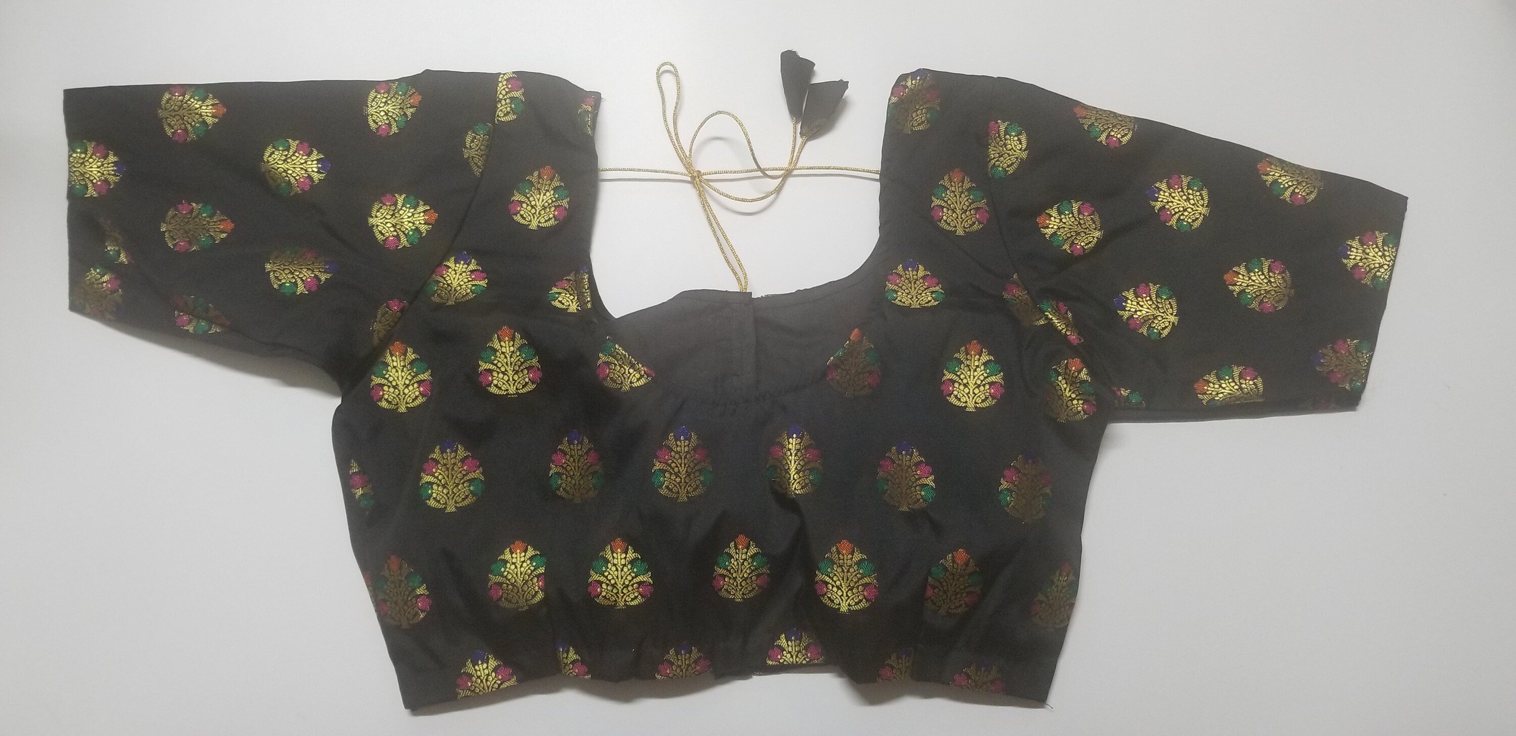 Readymade Saree Blouse - Black Silk gold and multi-color flower - Plus size - Princess cut padded - size 42" (alter 38" to 46")
