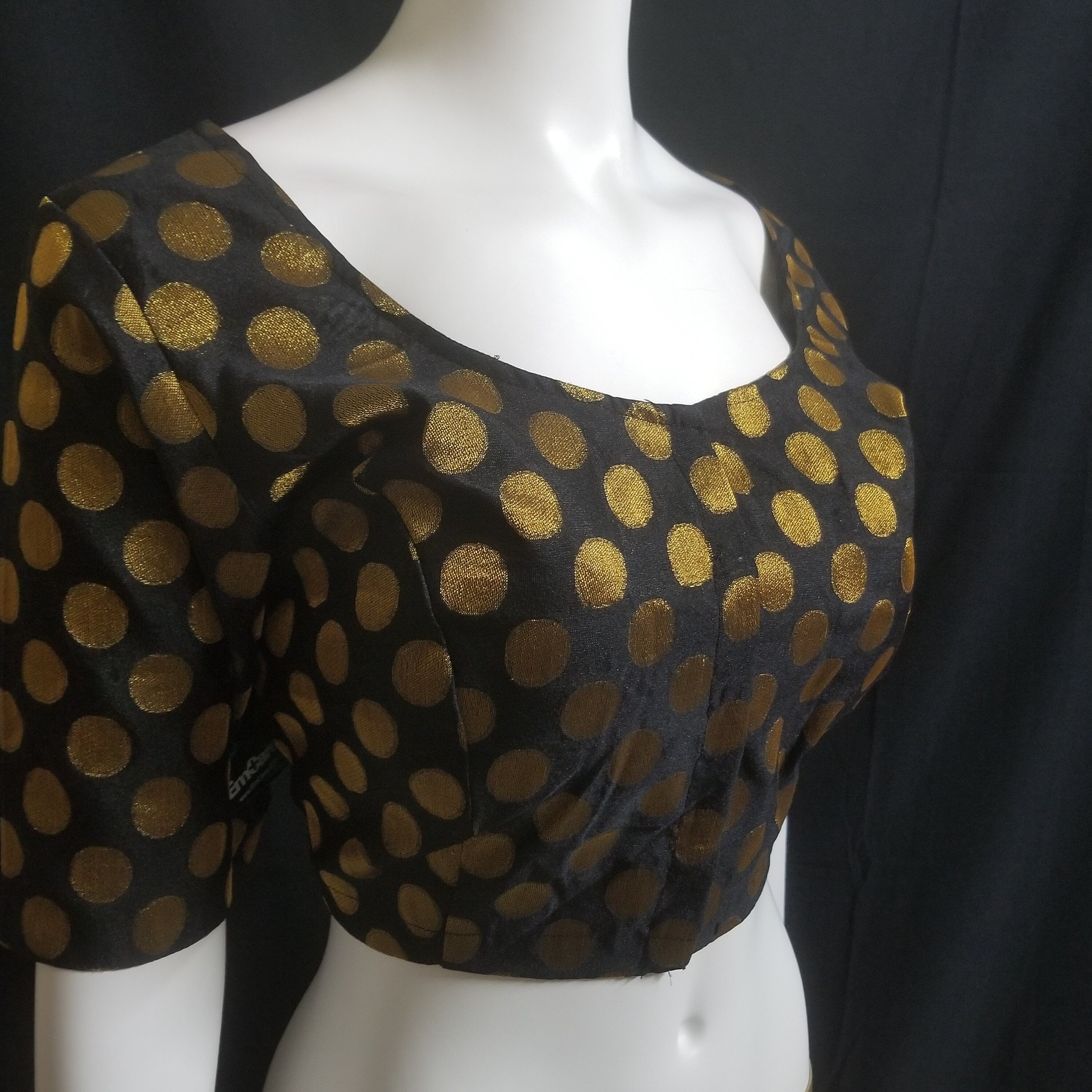 Readymade Saree Blouse - Black with gold butta Silk Blouse - Plus size - Princess cut padded - size 42" (alter 38" to 46")