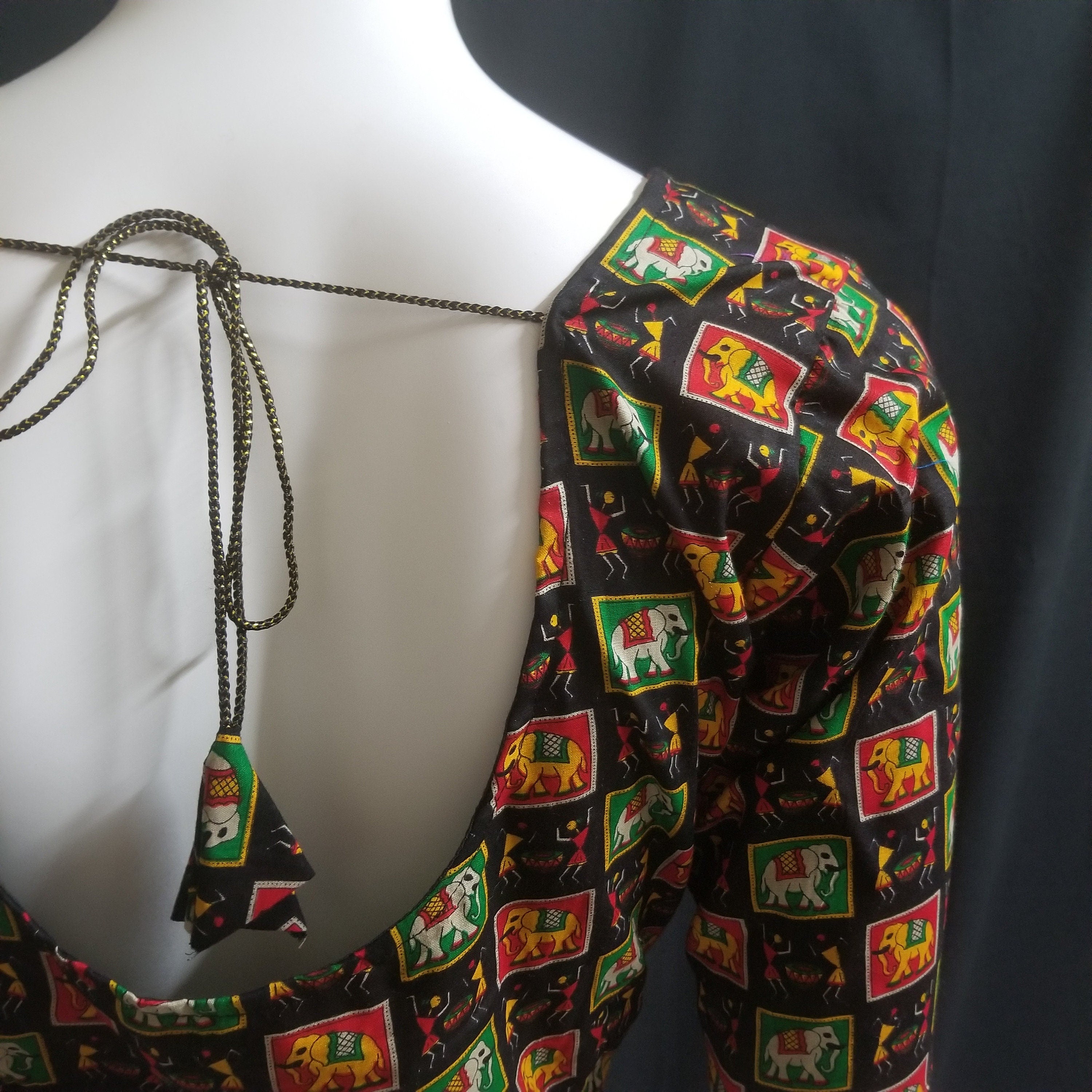 Readymade Saree Blouse - Black with multi-color Elephant print Blouse - Plus size - Princess cut padded - size 42" (alter 38" to 46")