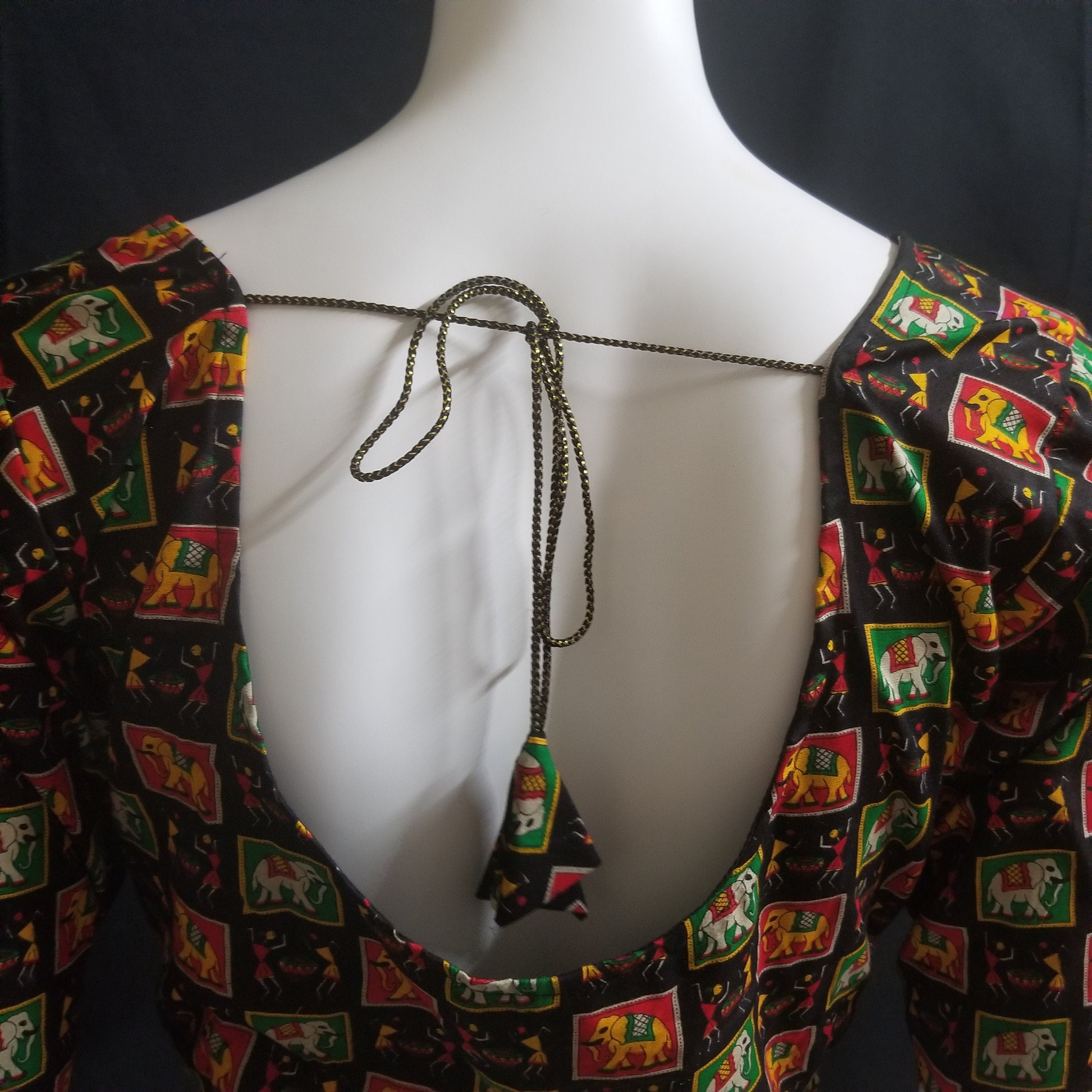Readymade Saree Blouse - Black with multi-color Elephant print Blouse - Plus size - Princess cut padded - size 42" (alter 38" to 46")