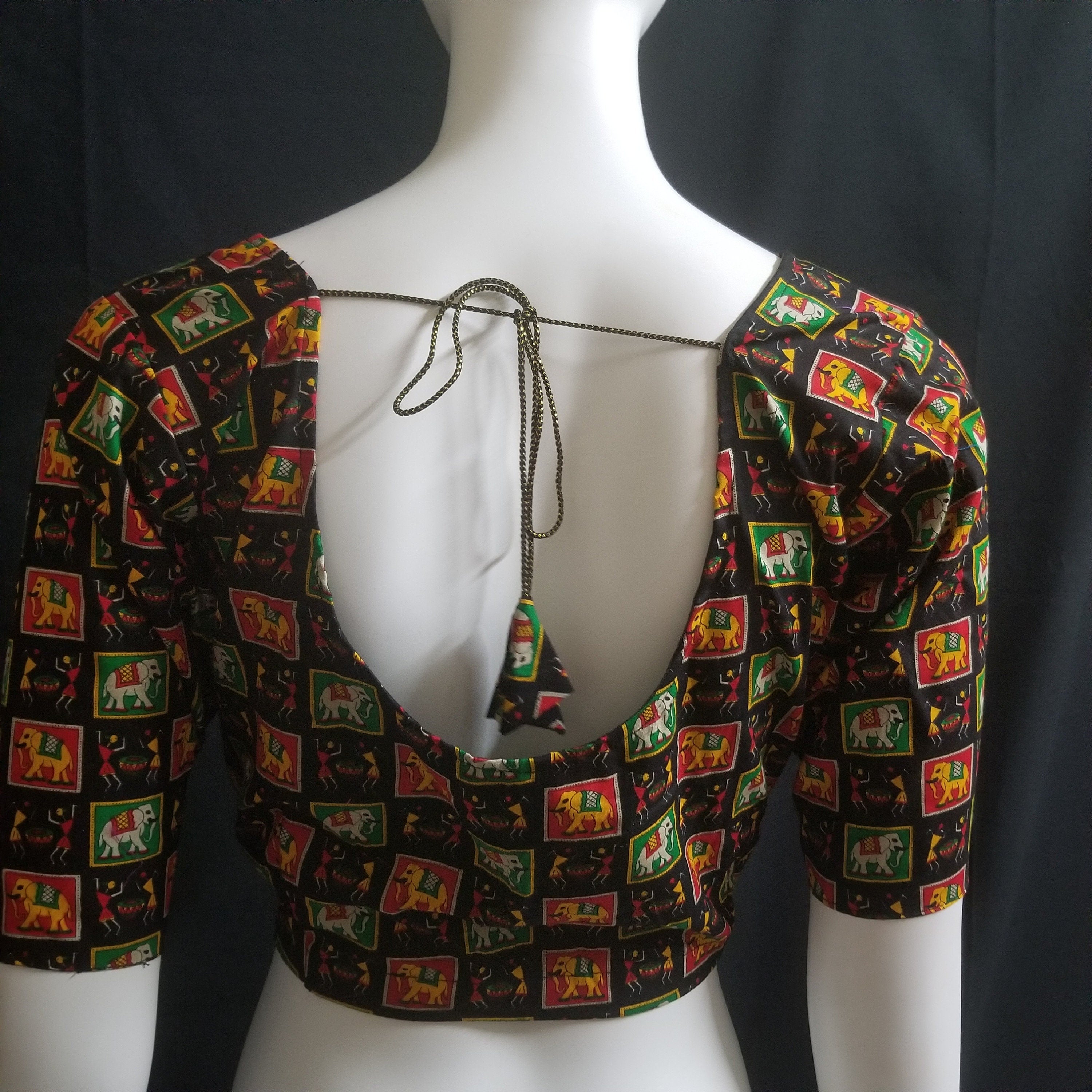 Readymade Saree Blouse - Black with multi-color Elephant print Blouse - Plus size - Princess cut padded - size 42" (alter 38" to 46")