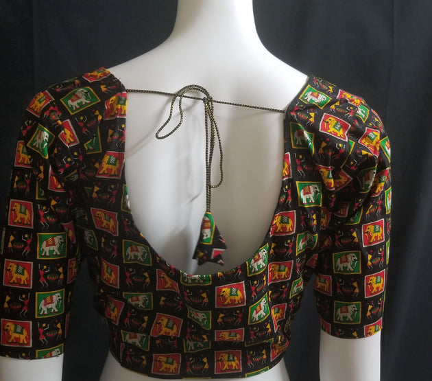 Readymade Saree Blouse - Black with multi-color Elephant print Blouse - Plus size - Princess cut padded - size 42