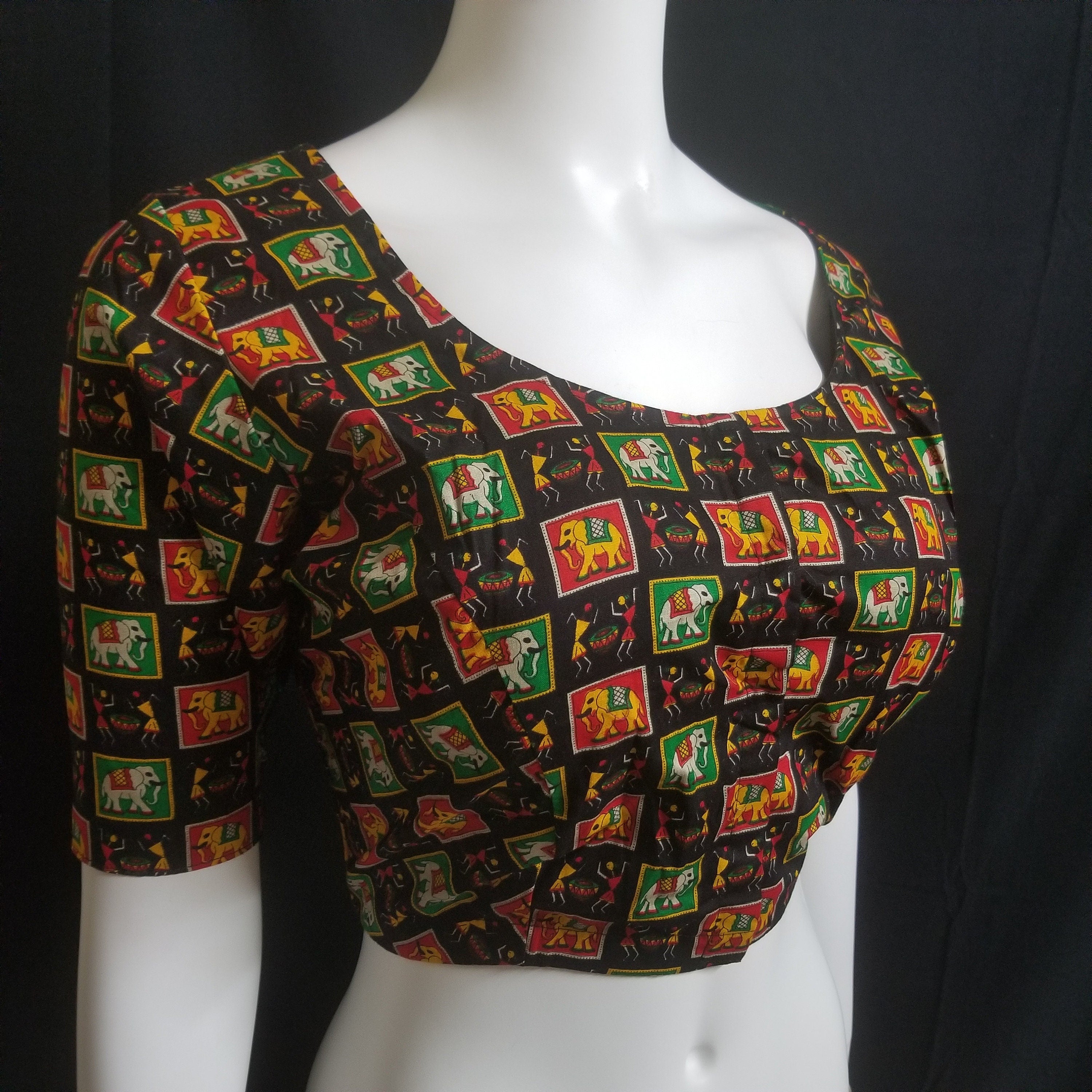 Readymade Saree Blouse - Black with multi-color Elephant print Blouse - Plus size - Princess cut padded - size 42" (alter 38" to 46")