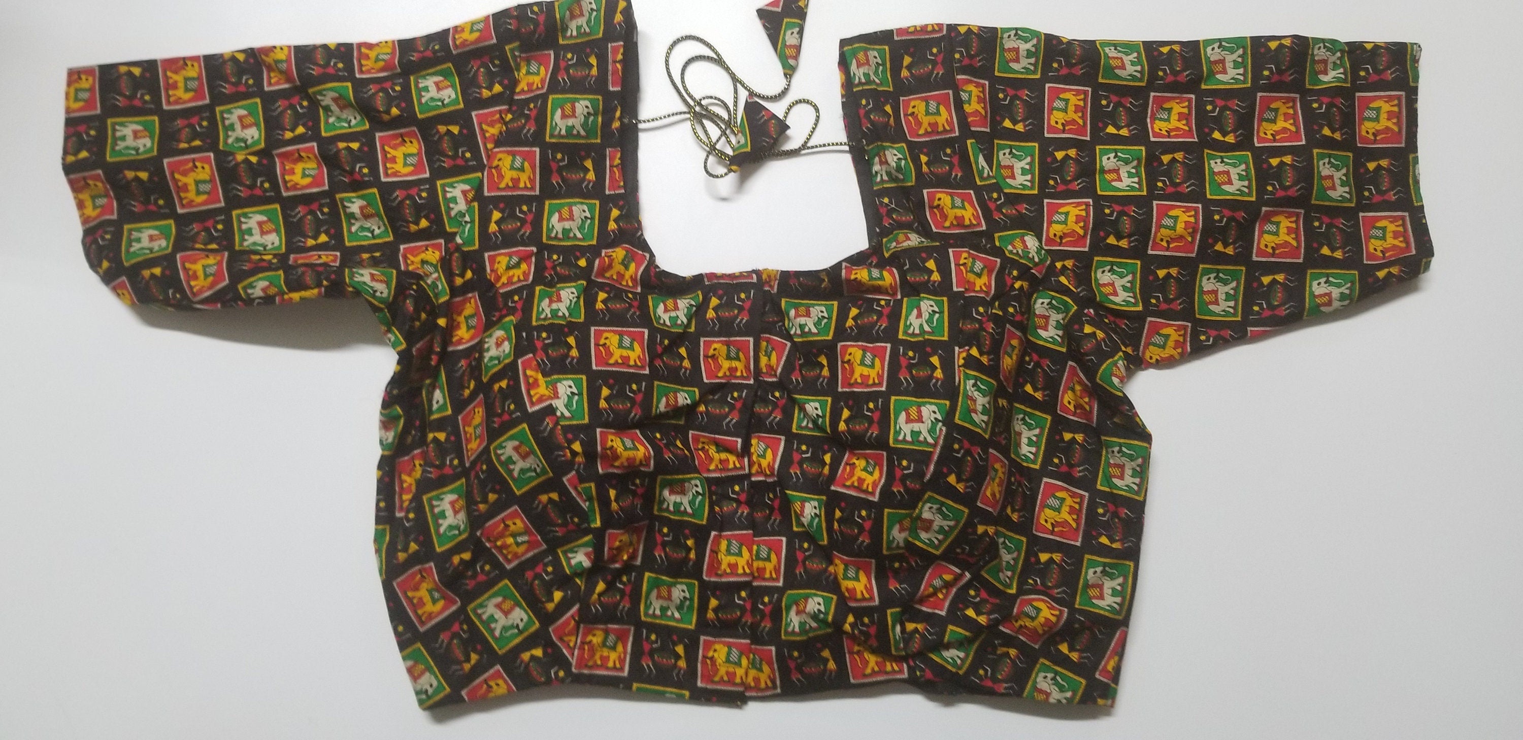 Readymade Saree Blouse - Black with multi-color Elephant print Blouse - Plus size - Princess cut padded - size 42" (alter 38" to 46")