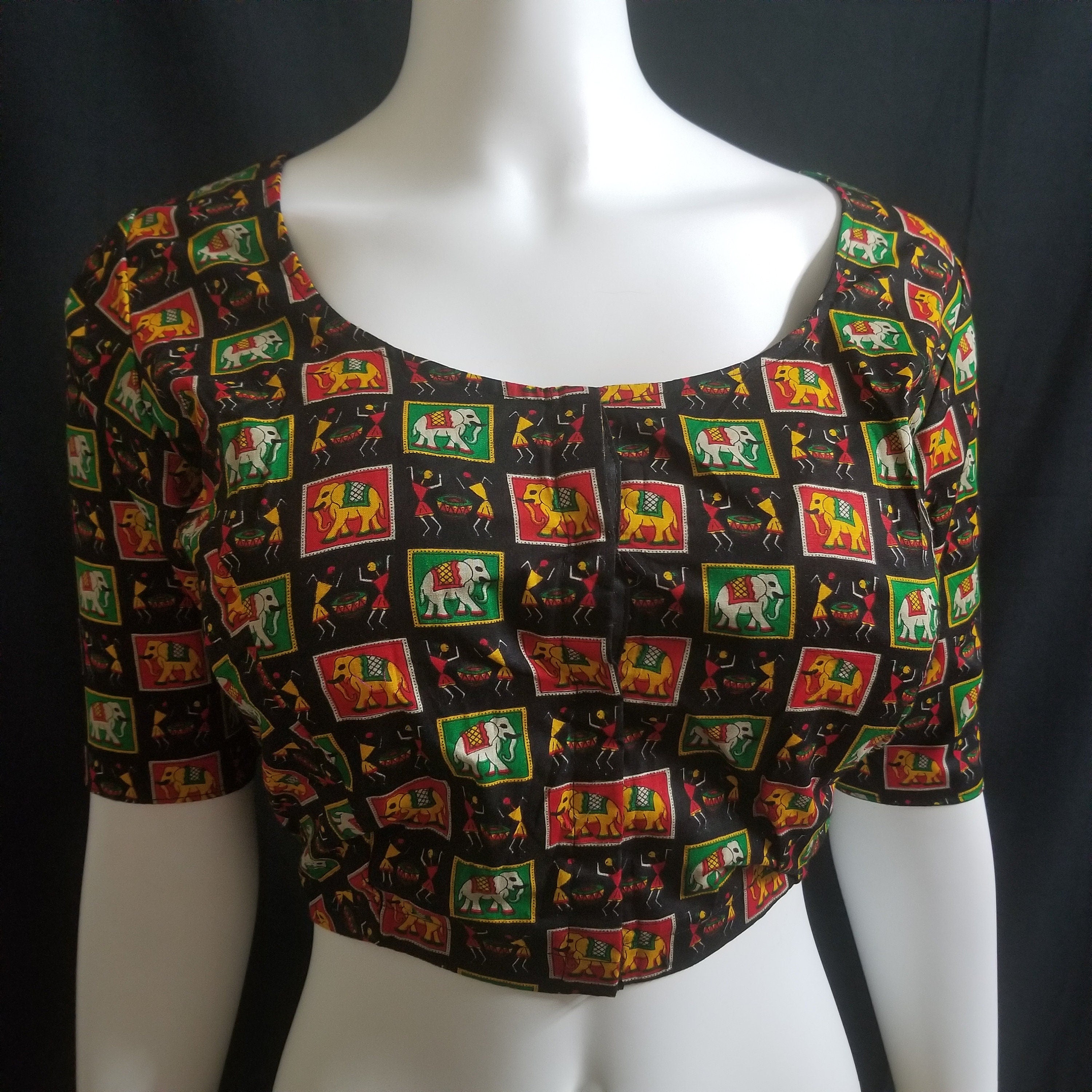 Readymade Saree Blouse - Black with multi-color Elephant print Blouse - Plus size - Princess cut padded - size 42" (alter 38" to 46")