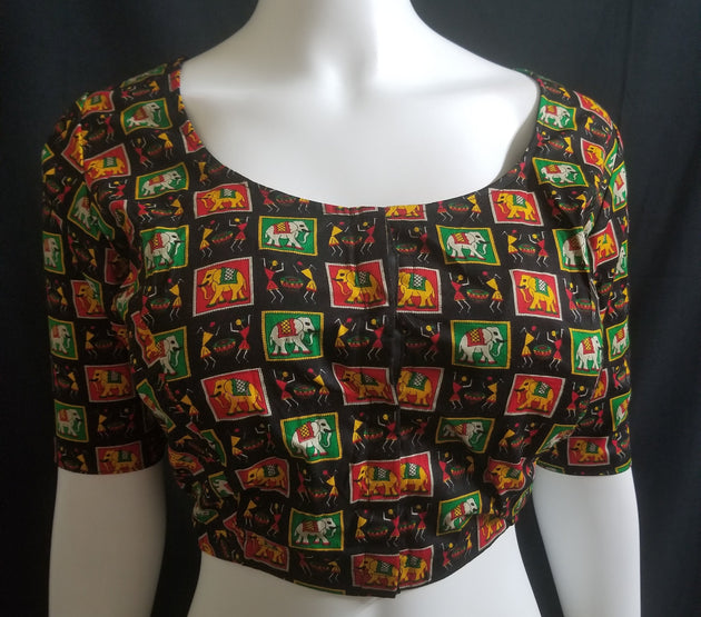 Readymade Saree Blouse - Black with multi-color Elephant print Blouse - Plus size - Princess cut padded - size 42