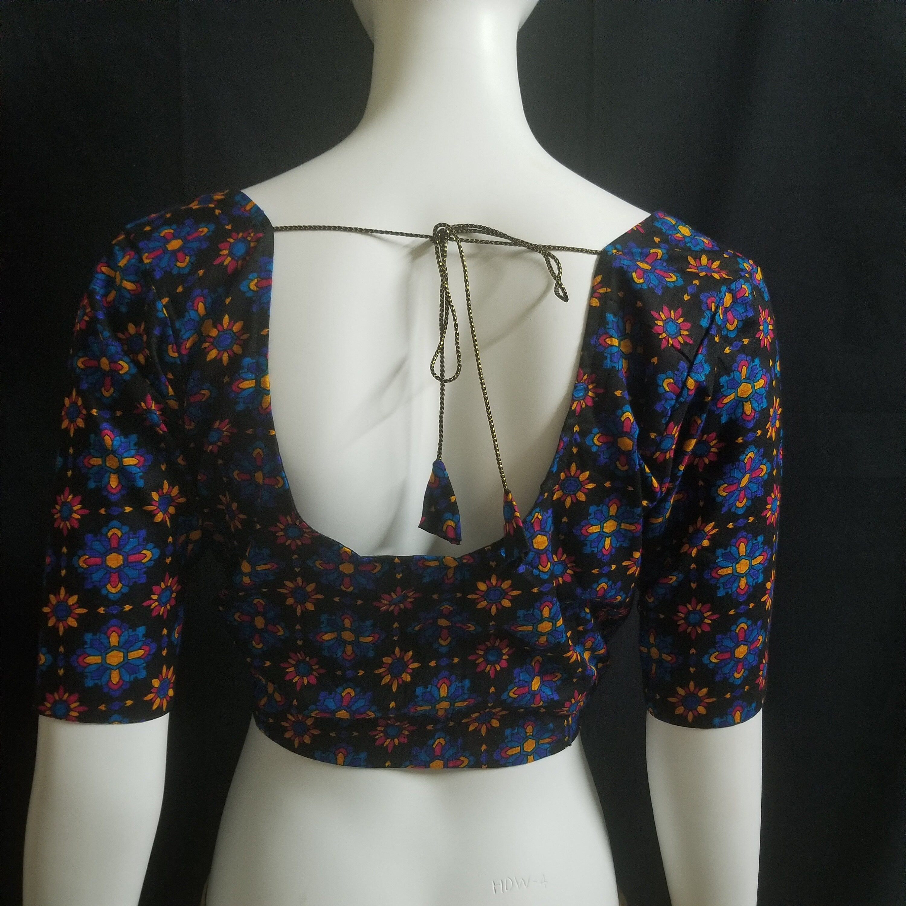 Readymade Saree Blouse - Black with Multi-color Flower Blouse - Plus size - Princess cut padded - size 42" (alter 38" to 46")