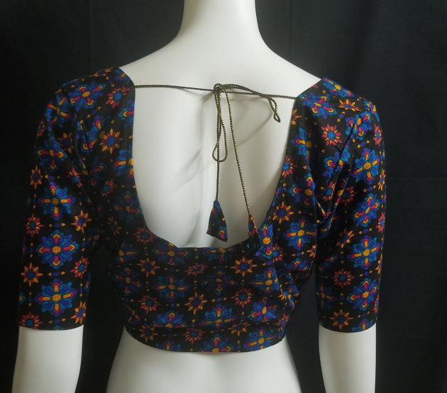 Readymade Saree Blouse - Black with Multi-color Flower Blouse - Plus size - Princess cut padded - size 42