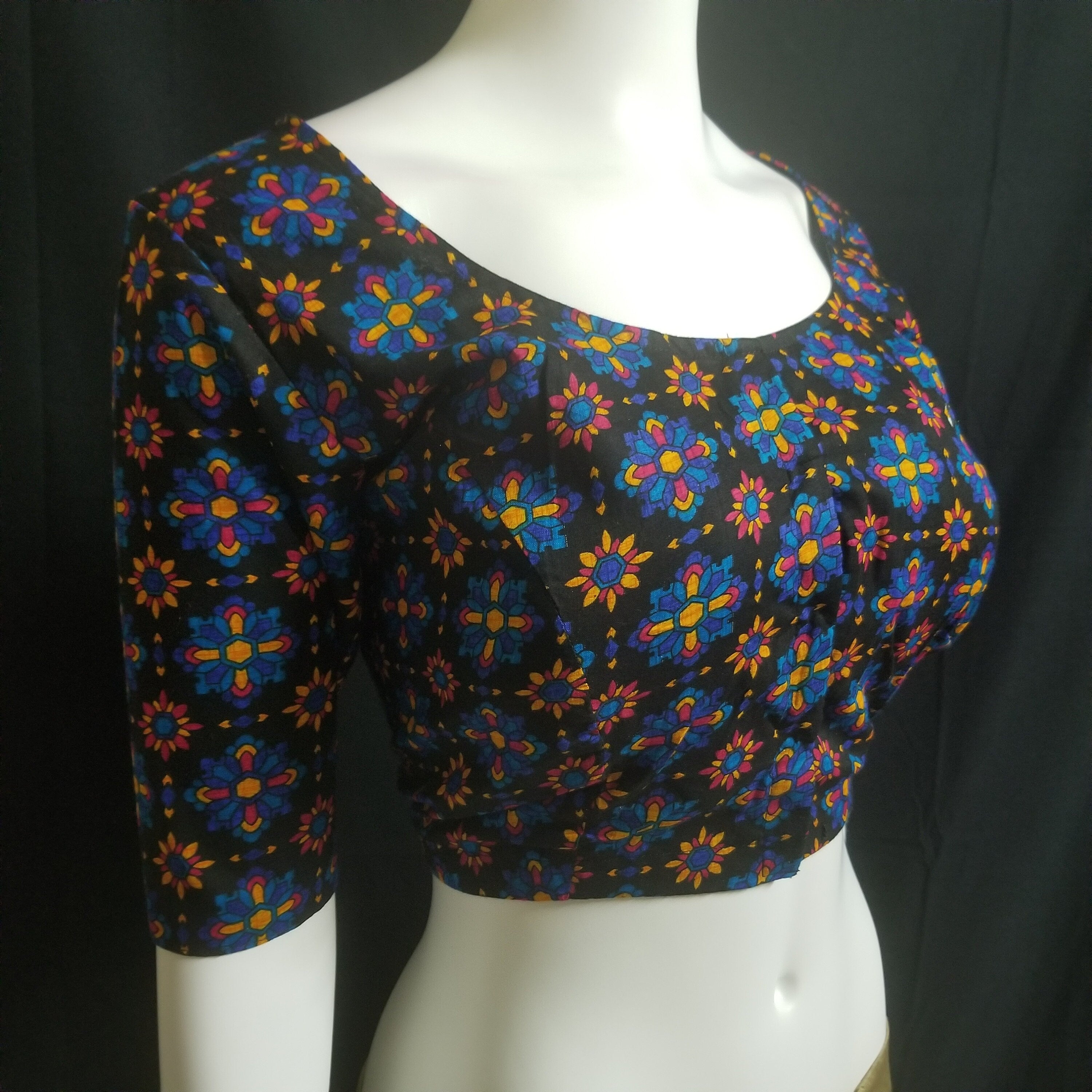 Readymade Saree Blouse - Black with Multi-color Flower Blouse - Plus size - Princess cut padded - size 42" (alter 38" to 46")