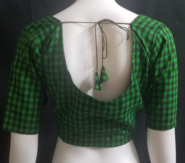Readymade Saree Blouse - Green with Black checked Blouse - Plus size - Princess cut padded - size 42