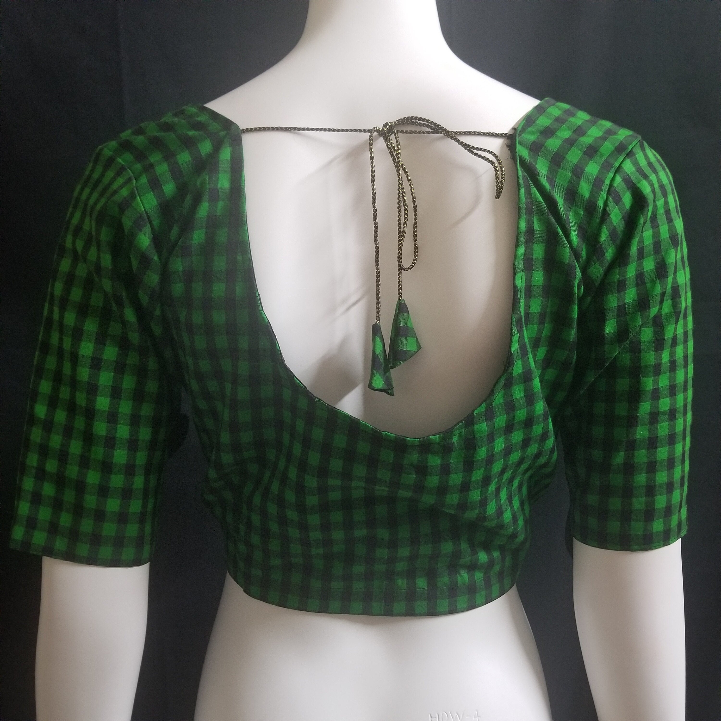Readymade Saree Blouse - Green with Black checked Blouse - Plus size - Princess cut padded - size 42" (alter 38" to 46")
