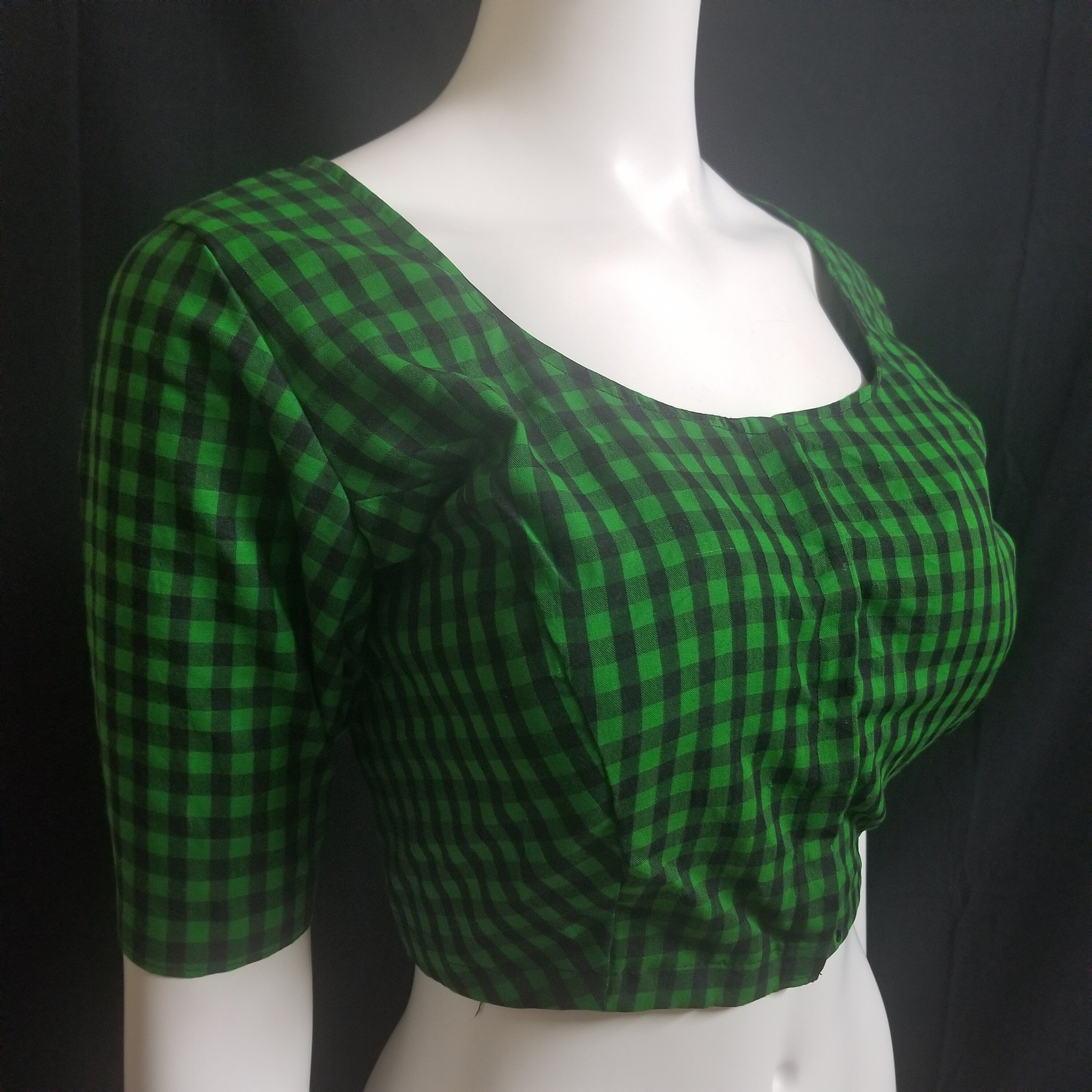 Readymade Saree Blouse - Green with Black checked Blouse - Plus size - Princess cut padded - size 42" (alter 38" to 46")