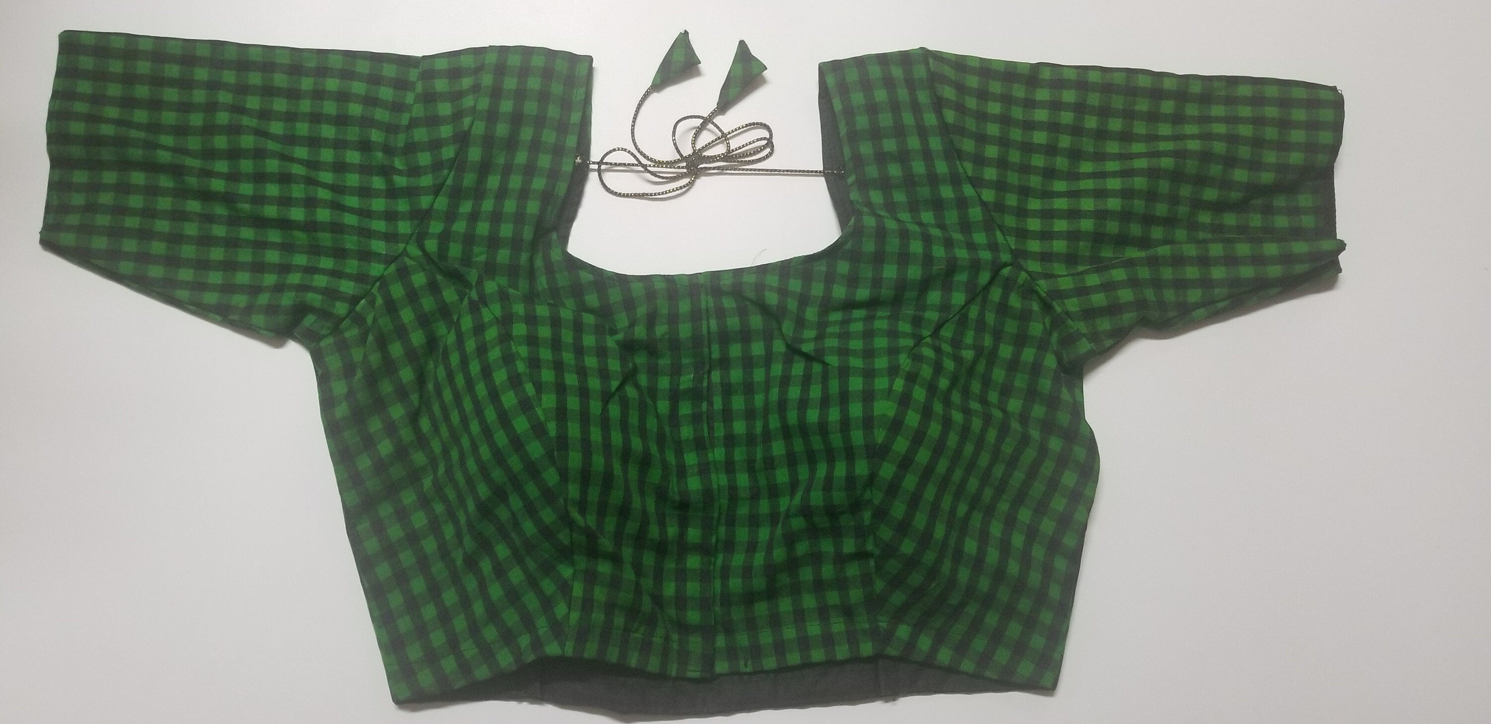 Readymade Saree Blouse - Green with Black checked Blouse - Plus size - Princess cut padded - size 42" (alter 38" to 46")