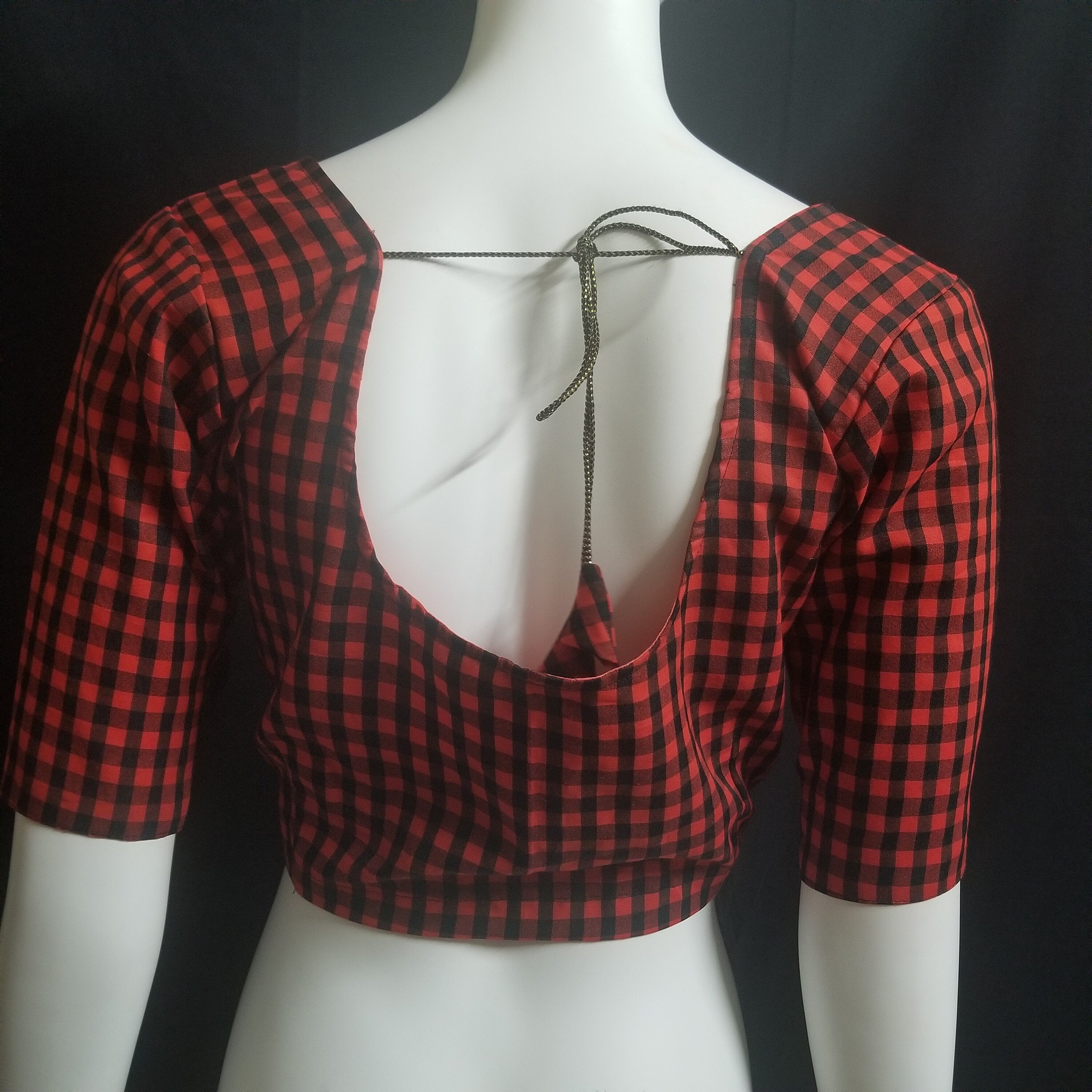 Readymade Saree Blouse - Red with Black checked Blouse - Plus size - Princess cut padded - size 42" (alter 38" to 46")