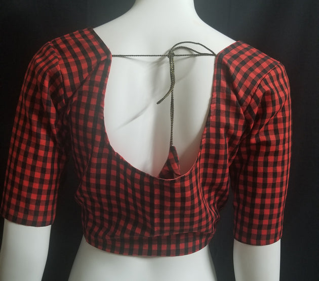 Readymade Saree Blouse - Red with Black checked Blouse - Plus size - Princess cut padded - size 42