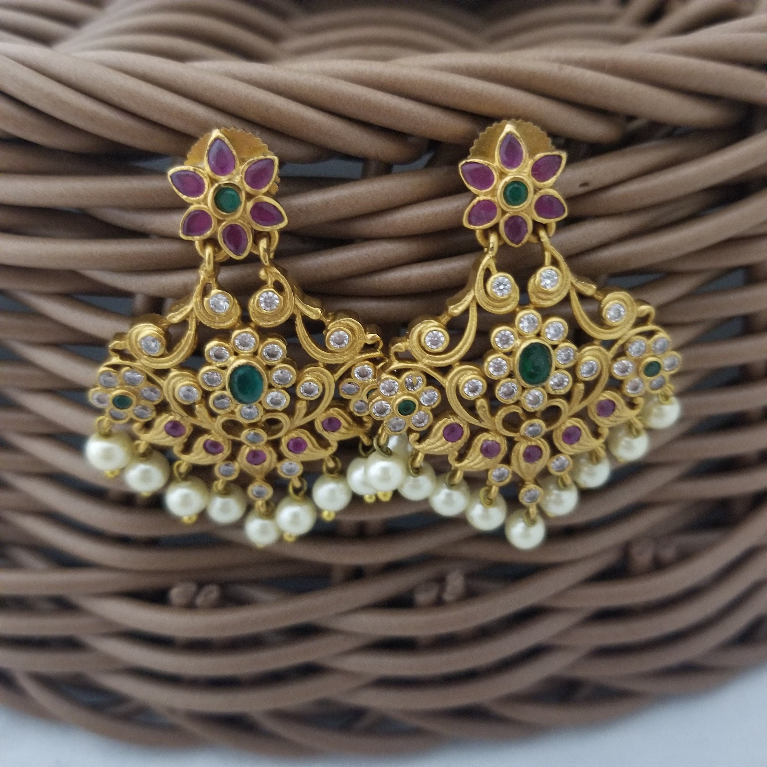 Partywear matte finish Earrings with hanging pearls - Fashion Jewelry