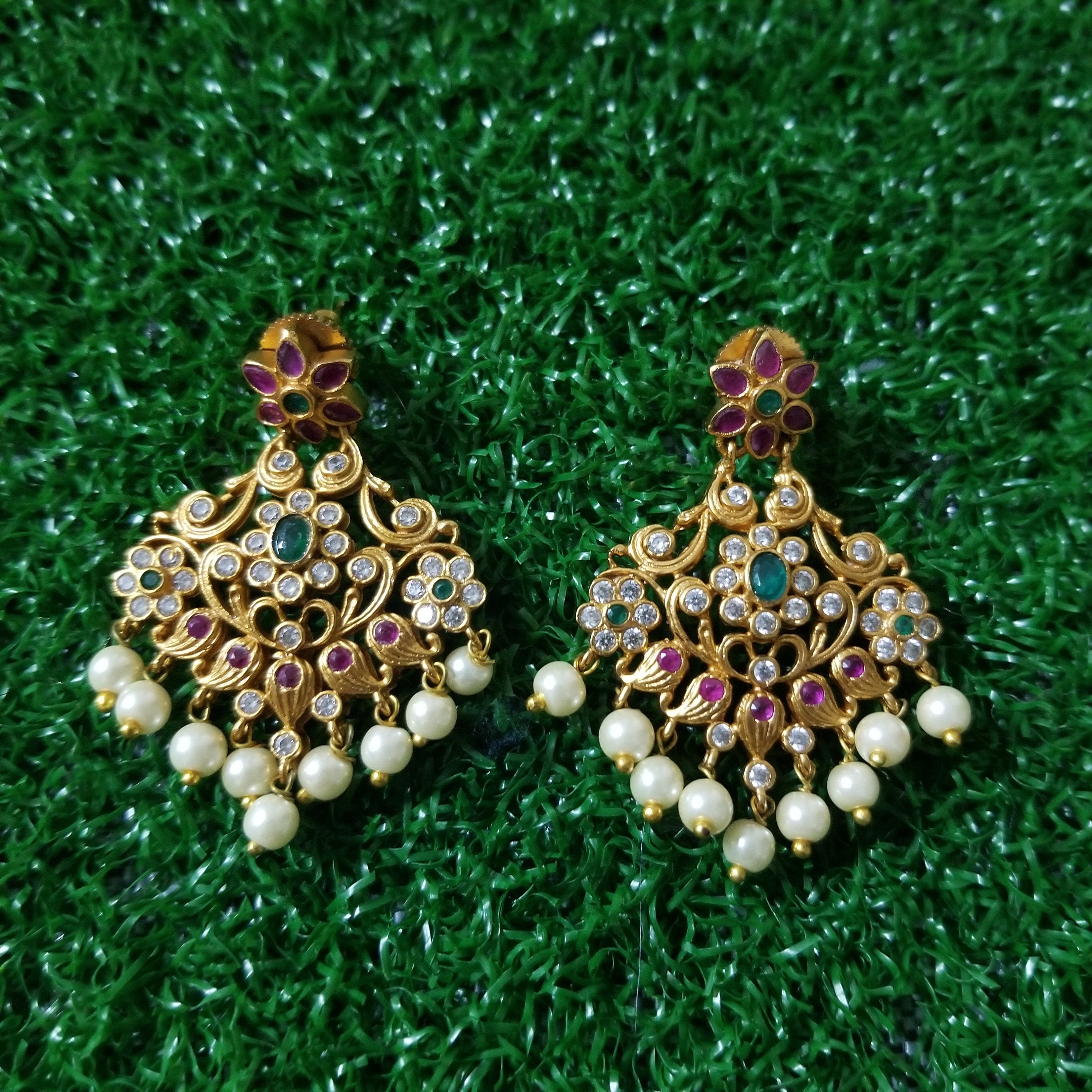 Partywear matte finish Earrings with hanging pearls - Fashion Jewelry