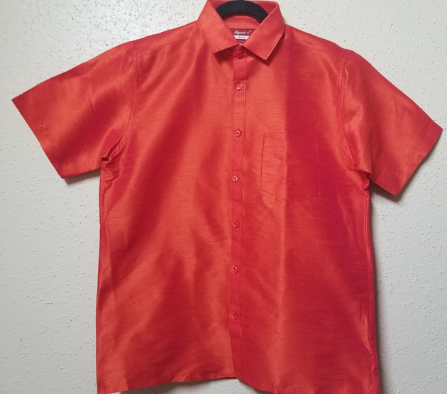 Men's Silk Shirt - Half Hand - Dark Orange Color - Size 40 - L Size - Partywear Shirt - Indian Dresses