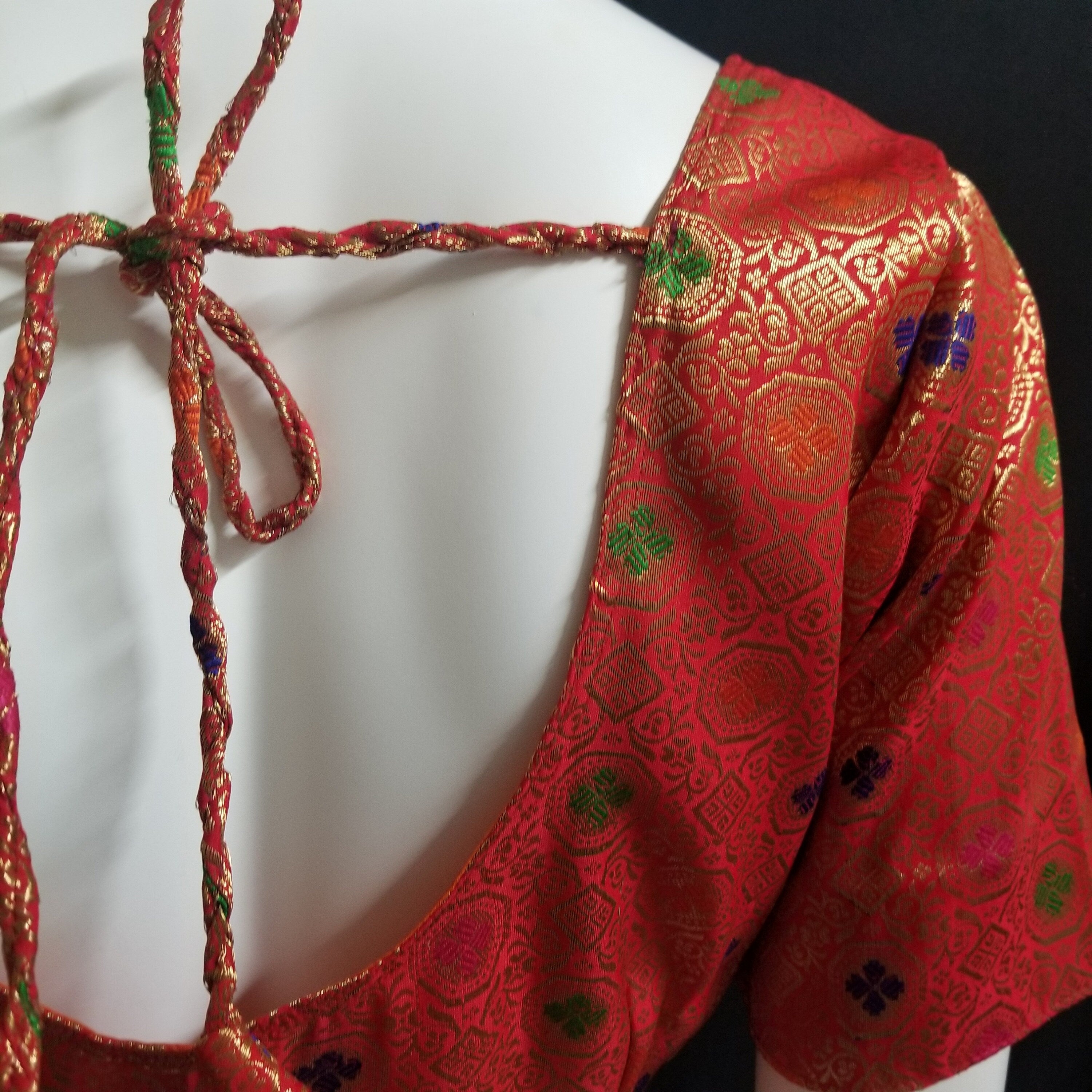 Readymade Saree Blouse - Red Silk with gold and multi-color Blouse - Princess cut padded - size 38" (alter 36", 40", 42")