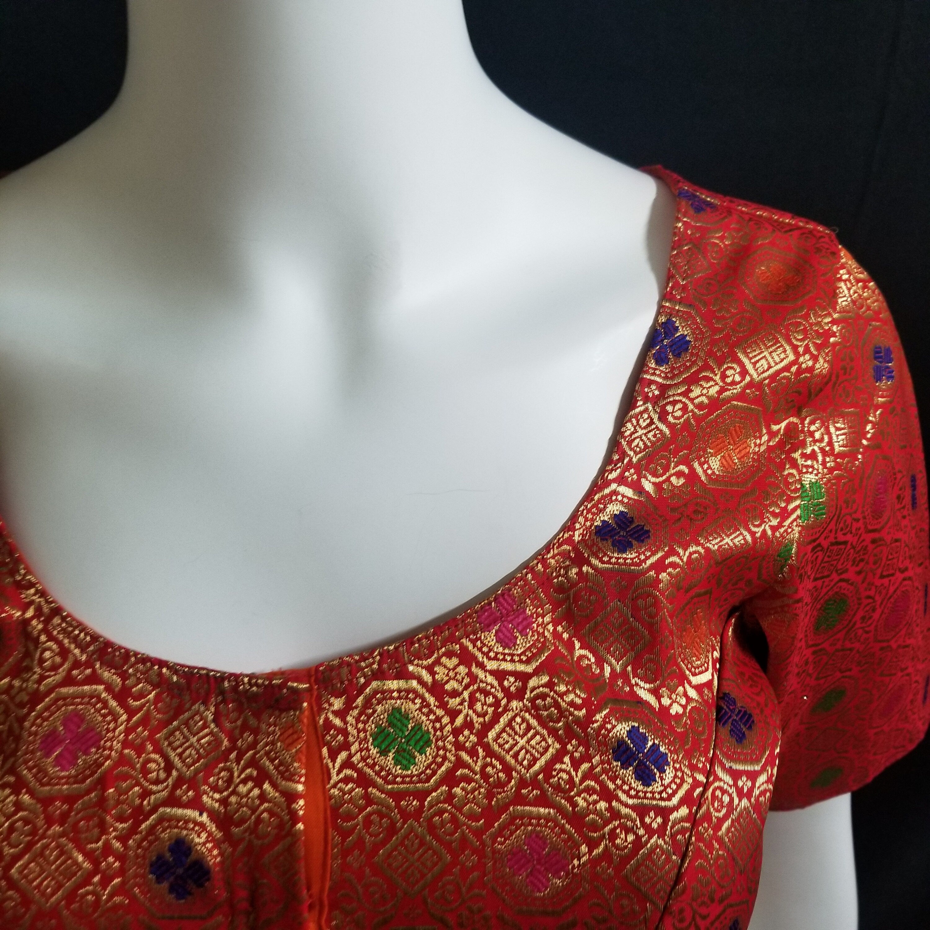 Readymade Saree Blouse - Red Silk with gold and multi-color Blouse - Princess cut padded - size 38" (alter 36", 40", 42")