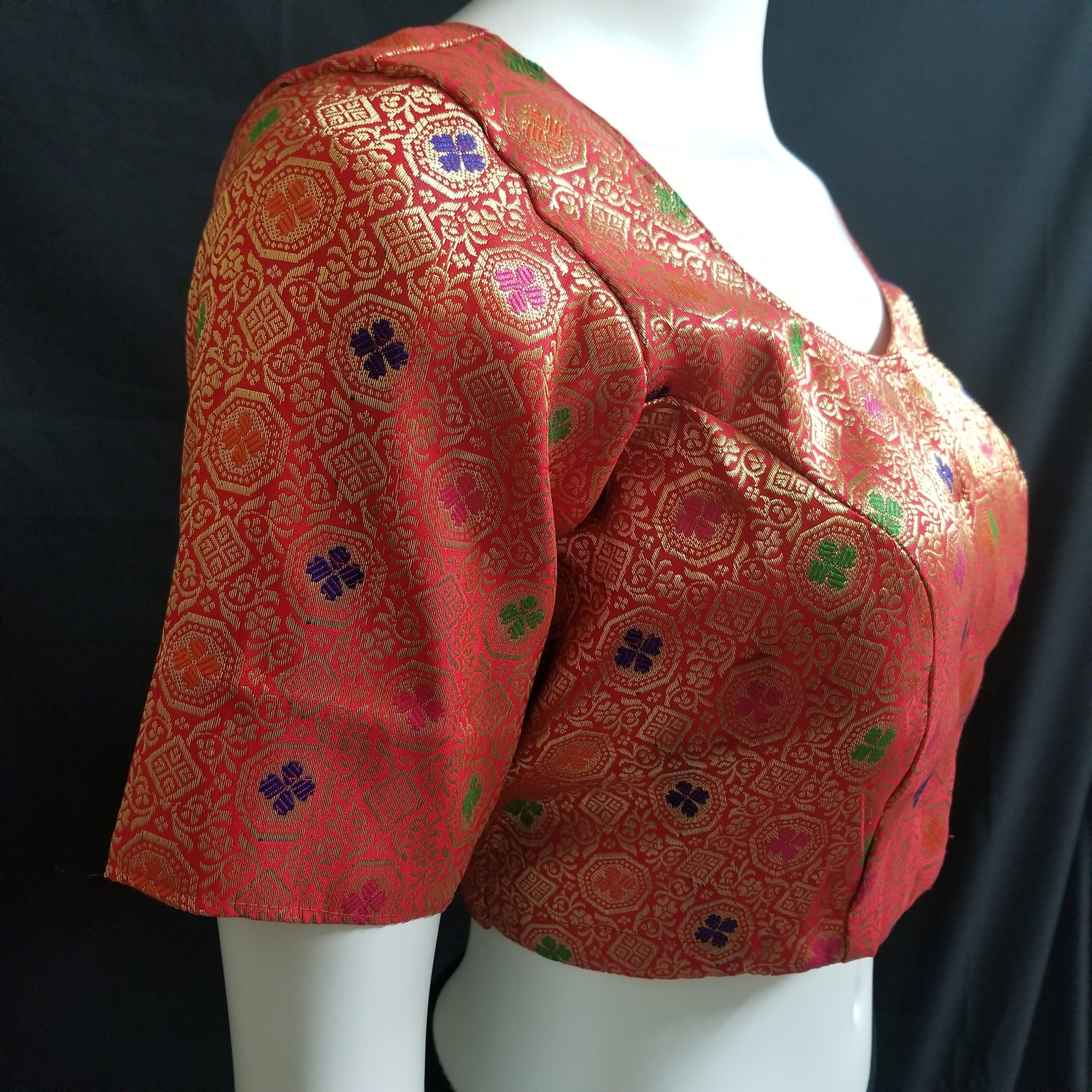 Readymade Saree Blouse - Red Silk with gold and multi-color Blouse - Princess cut padded - size 38" (alter 36", 40", 42")