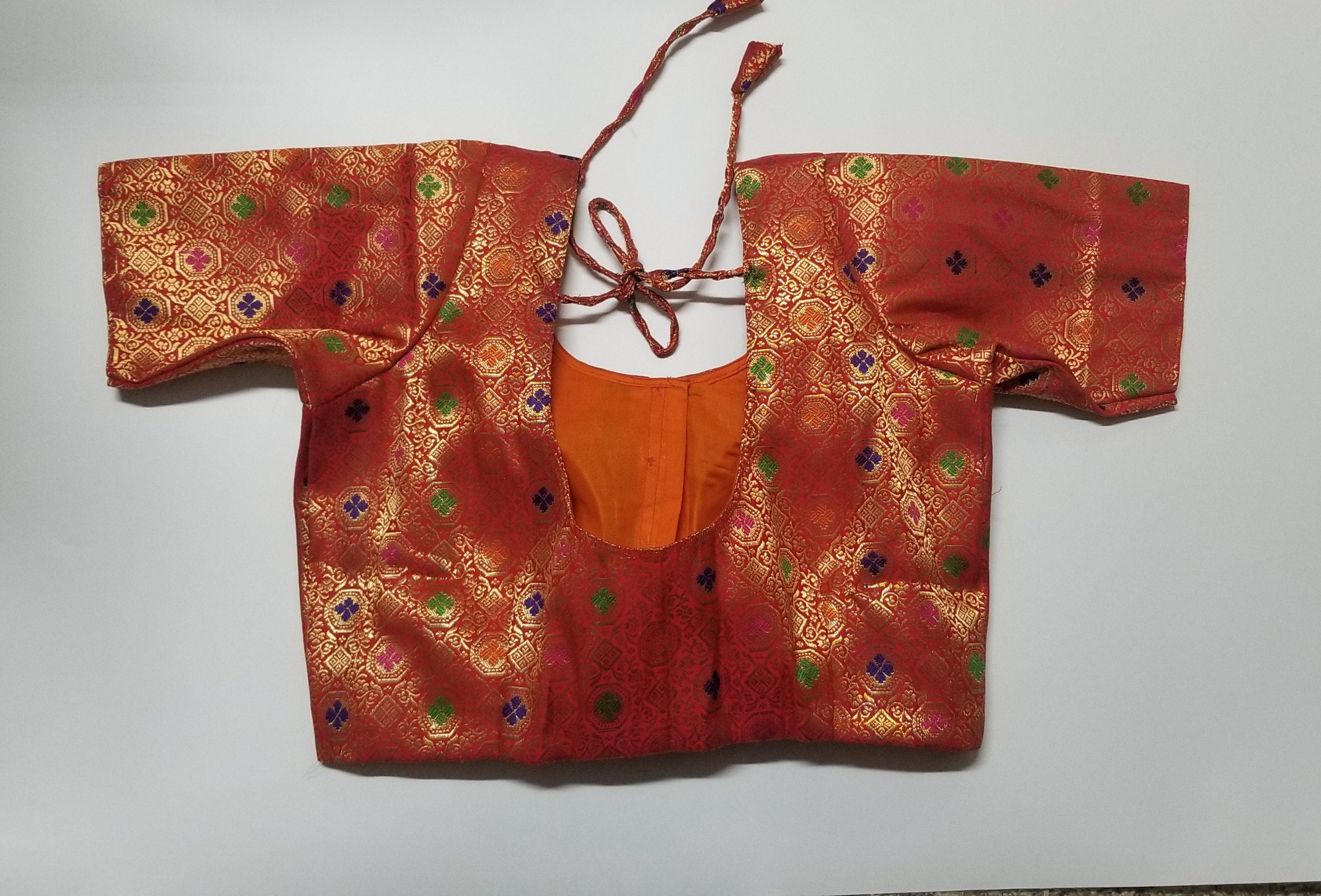 Readymade Saree Blouse - Red Silk with gold and multi-color Blouse - Princess cut padded - size 38" (alter 36", 40", 42")